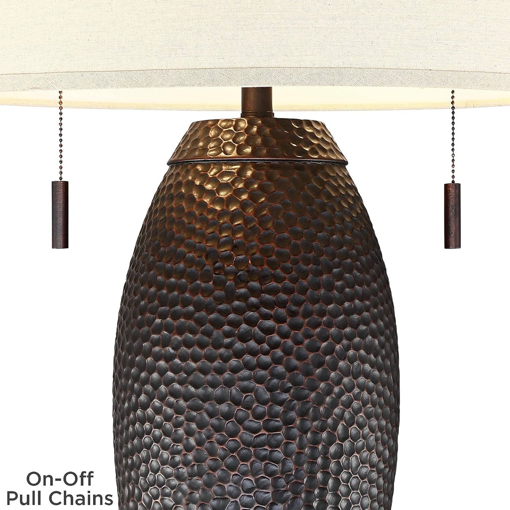 Franklin Iron Works Noah 31' Tall Vase Large Farmhouse Rustic Mission Western End Table Lamps Set of 2 Pull Chain Brown Hammered Bronze Finish Living Room Bedroom Bedside Nightstand Oatmeal Shade