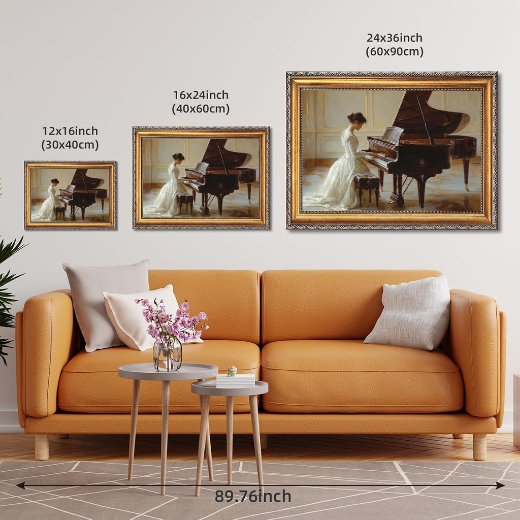 Large Framed Victorian Serenade Oil Painting Wall Art Romantic Woman Playing Piano Canvas Print Vintage Female Poster Elegant Victorian Era Artwork Picture Decor for Bedroom Living Room 24x36inch