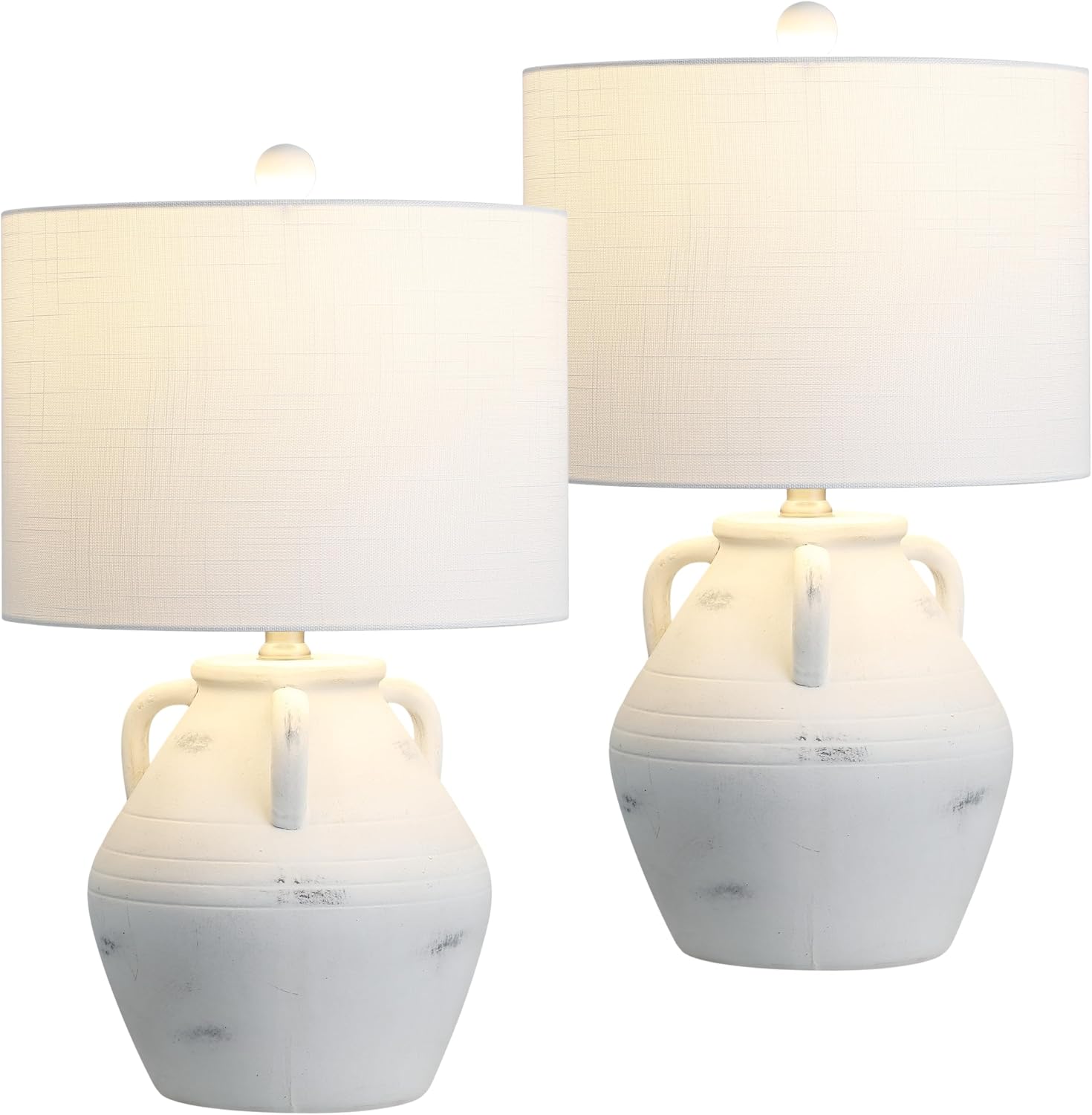 JONATHAN Y 20.5' White Ceramic Pottery Jar Table Lamp Set of 2 for Bedroom Living Room, Rustic Coastal French Country Cottage Style, White Linen Shade, LED Bulbs Included JYL5502A-SET2