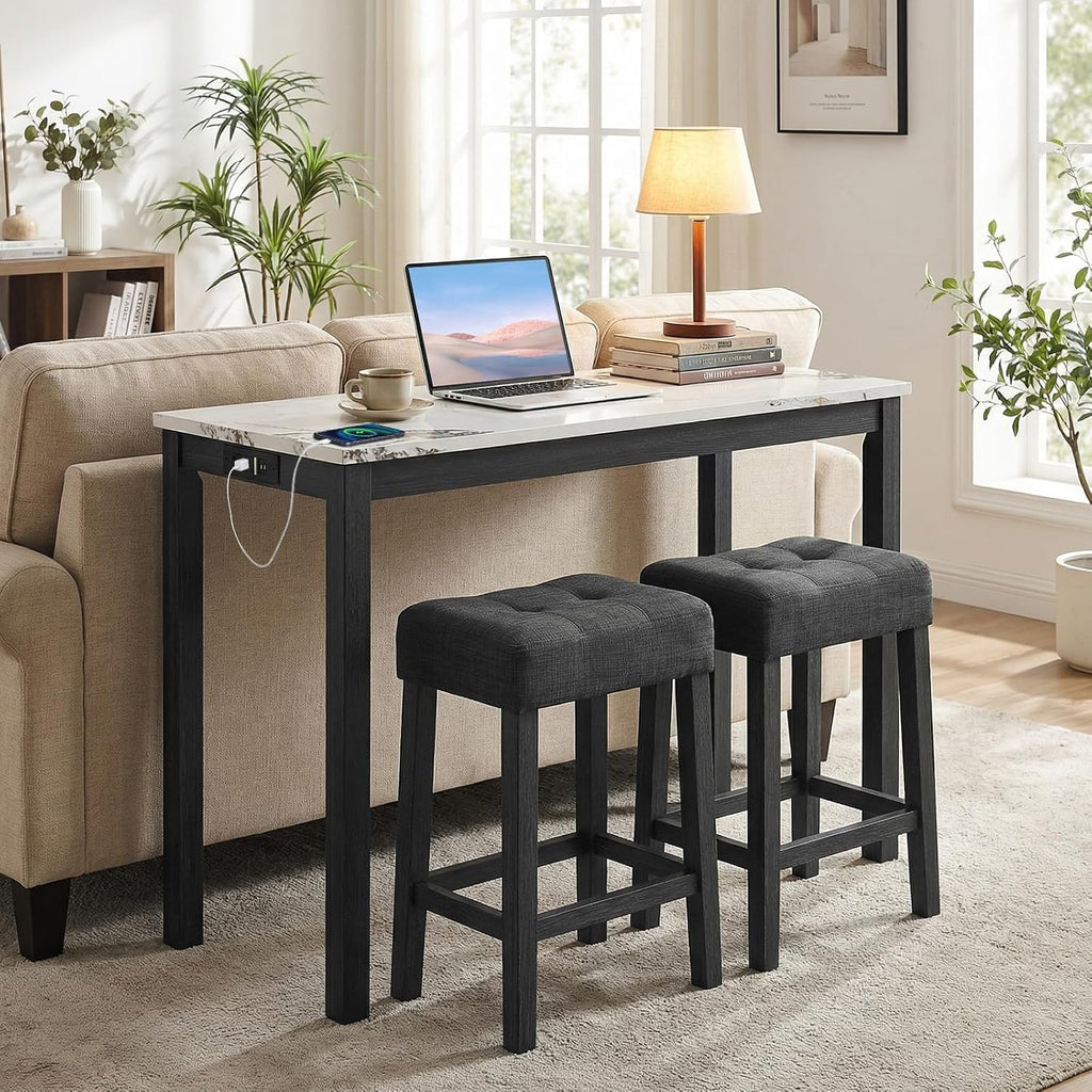 COSTWAY 3-Piece Bar Table Set with Charging Station, Modern Counter Height Breakfast Table w/Faux Marble Top & 2 Padded Stools, Wooden Console Table Set for Living Room, Kitchen, Dining Room (White)