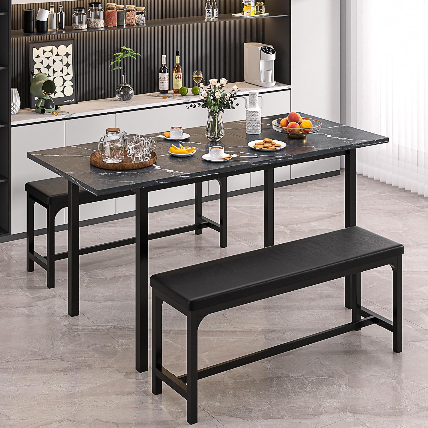 VECELO 3-Piece 63' Extendable Kitchen Table with Benches/Chairs, Modern Breakfast Dinette/Dining Room Set for 4/6/2, Small Space Saving Design, Easy Assembly