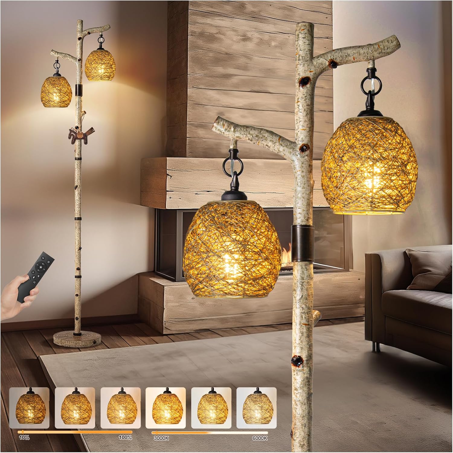 Scenekoy 68.5' Rustic Farmhouse Remote Control Switch Birch Tree Floor lamp with Bird Nest Lantern Shade Vintage Standing Lamp for Living Room Bedroom Hotel Bar Office Wood House(Bulb Included)