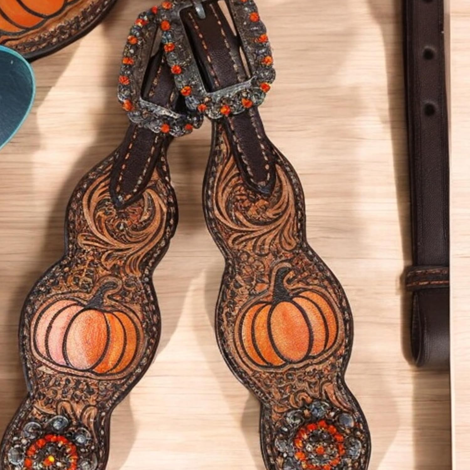 Spooky Western Leather Horse Tack Set - Hand Painted Halloween Pumpkin Headstall & Breast Collar with Floral Tooling, Rhinestones, and Window Carving