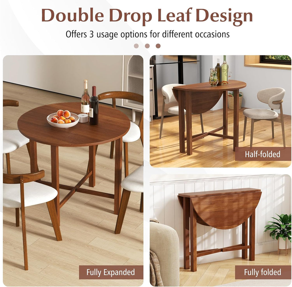 Giantex 36' Folding Dining Table for 2-4, Extendable Drop Leaf Kitchen Table with Solid Rubber Wood Frame, Space-Saving Round Dinner Table for Small Space, Living Dining Room, Dinette, Walnut