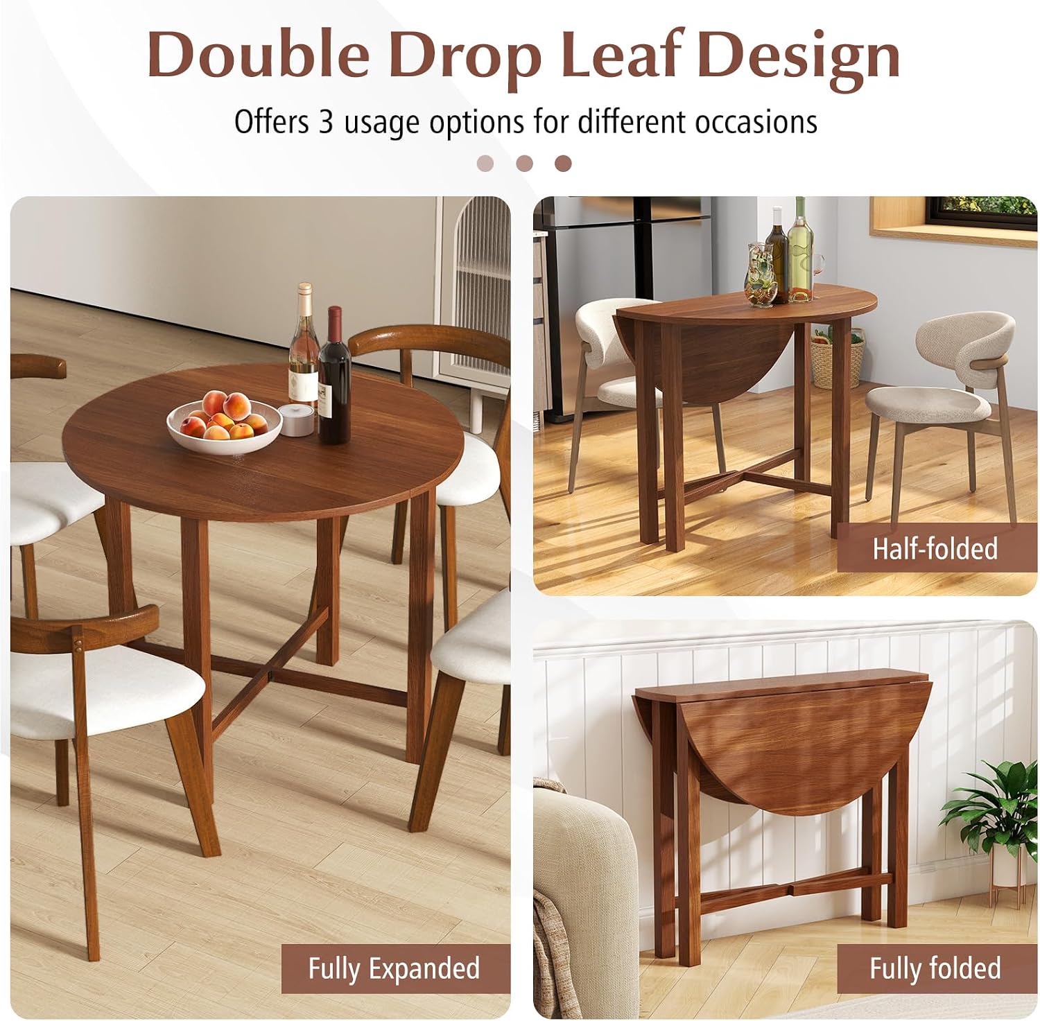 Giantex 36' Folding Dining Table for 2-4, Extendable Drop Leaf Kitchen Table with Solid Rubber Wood Frame, Space-Saving Round Dinner Table for Small Space, Living Dining Room, Dinette, Walnut