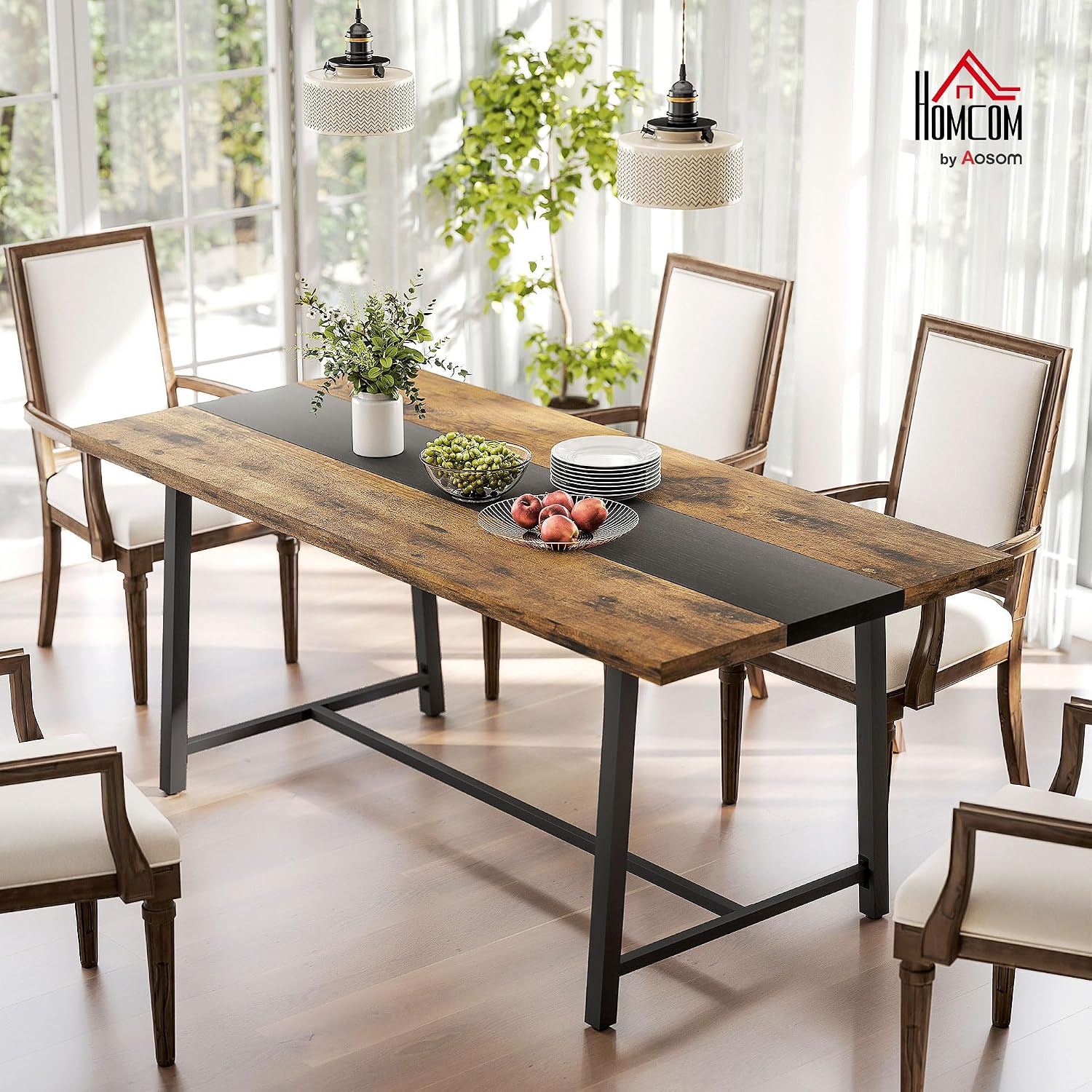 HOMCOM Industrial Dining Table for 8 People, 70.9' Long Rectangular Kitchen Table with Large Tabletop and Steel Legs for Dining Room, Rustic Brown