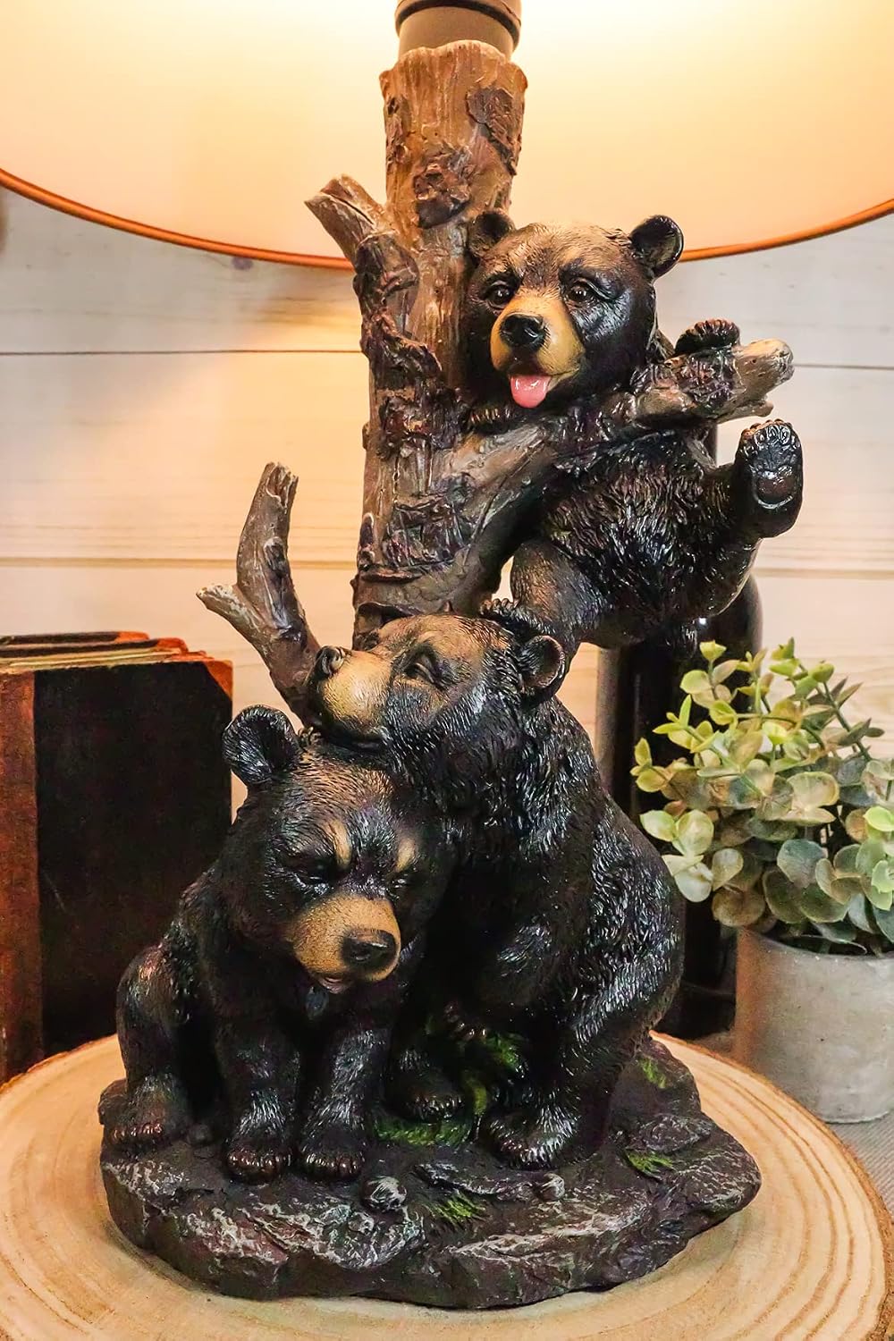 Ebros Wildlife Whimsical Climbing Black Bear Cubs Table Lamp Statue Decor with Bear Face Printed Shade Three Cuddly Sibling Bears Little Rascals Playing by Tree Desktop Lamp (Set of 2)