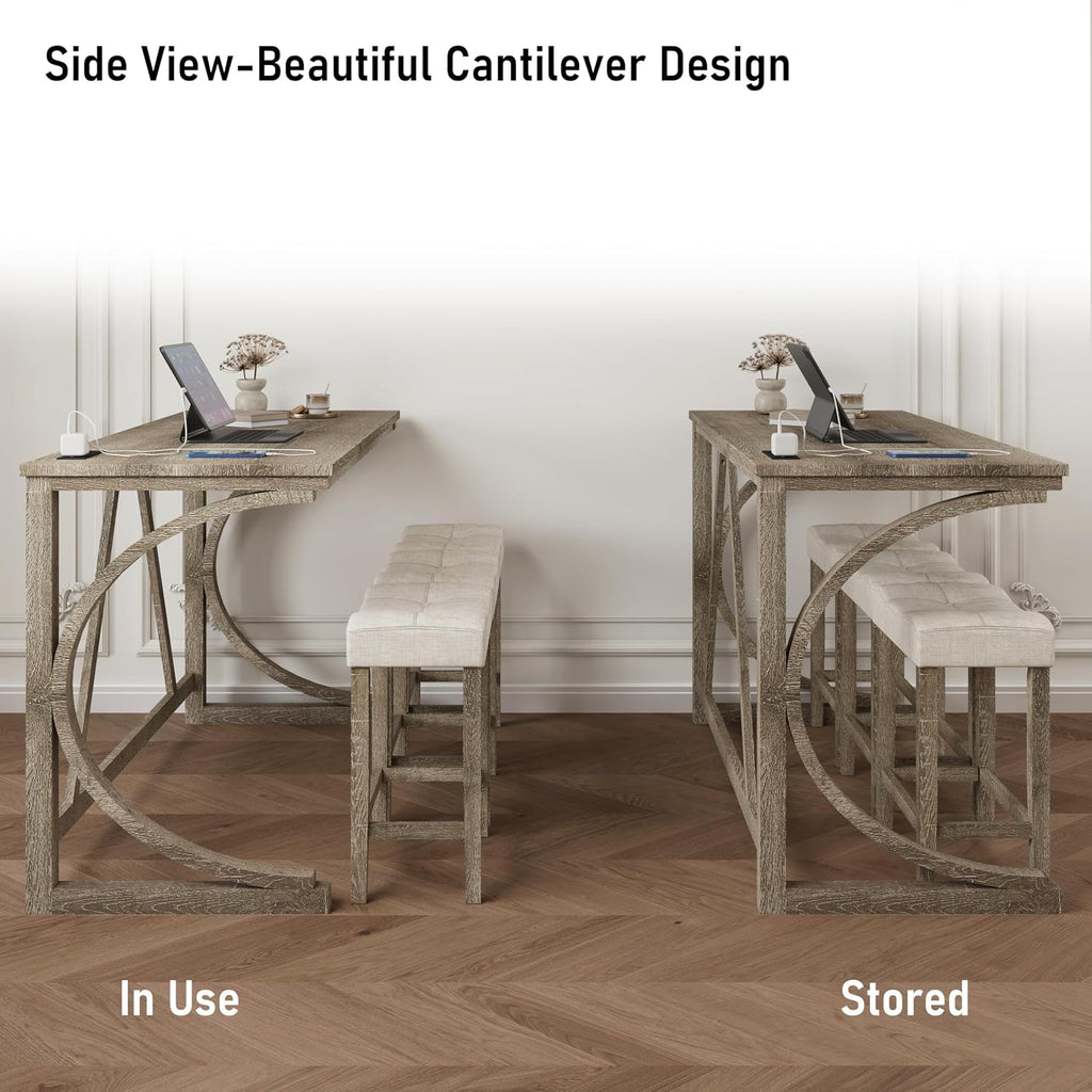 allamazing 4-Piece Counter High Bar Table Set with Socket and 3 Fabric Padded Bar Stools, Tall Kitchen Breakfast Nook with Stool (1+3 Natural)