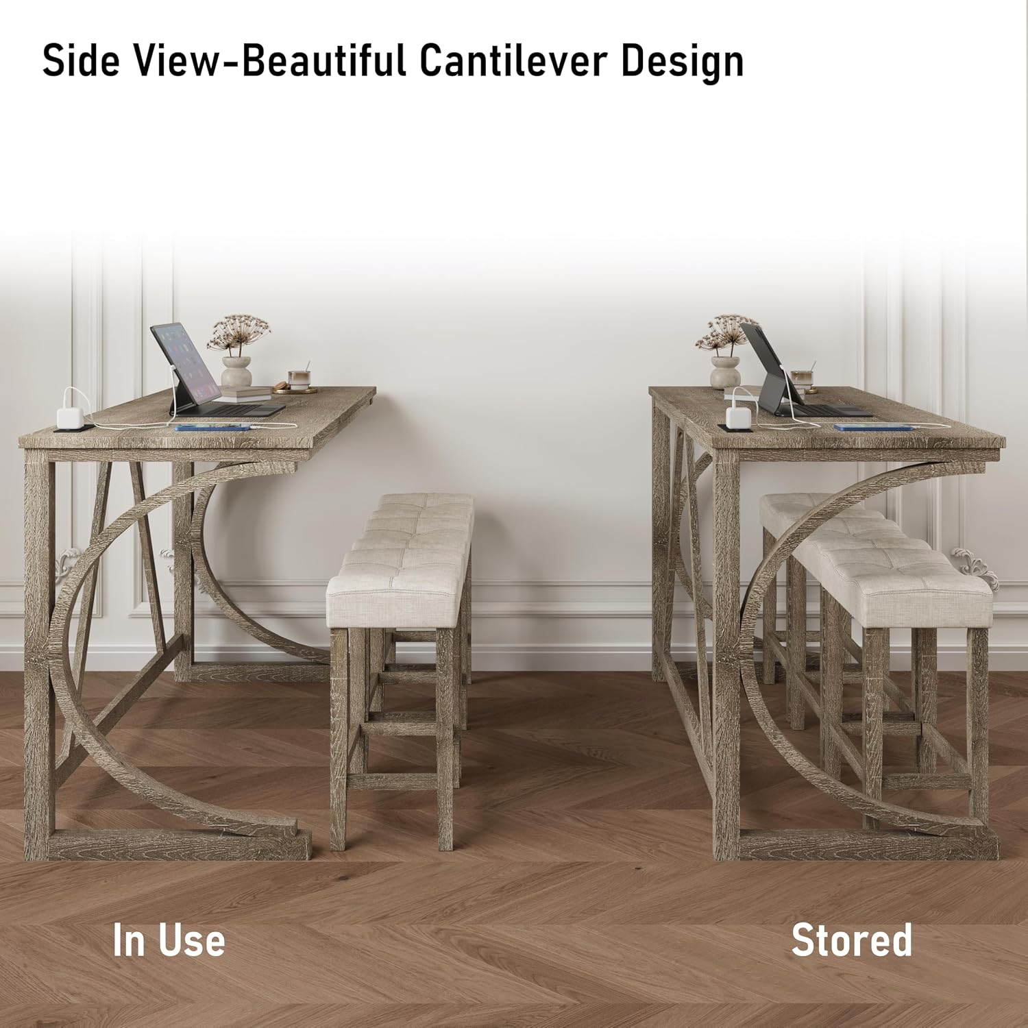 allamazing 4-Piece Counter High Bar Table Set with Socket and 3 Fabric Padded Bar Stools, Tall Kitchen Breakfast Nook with Stool (1+3 Natural)