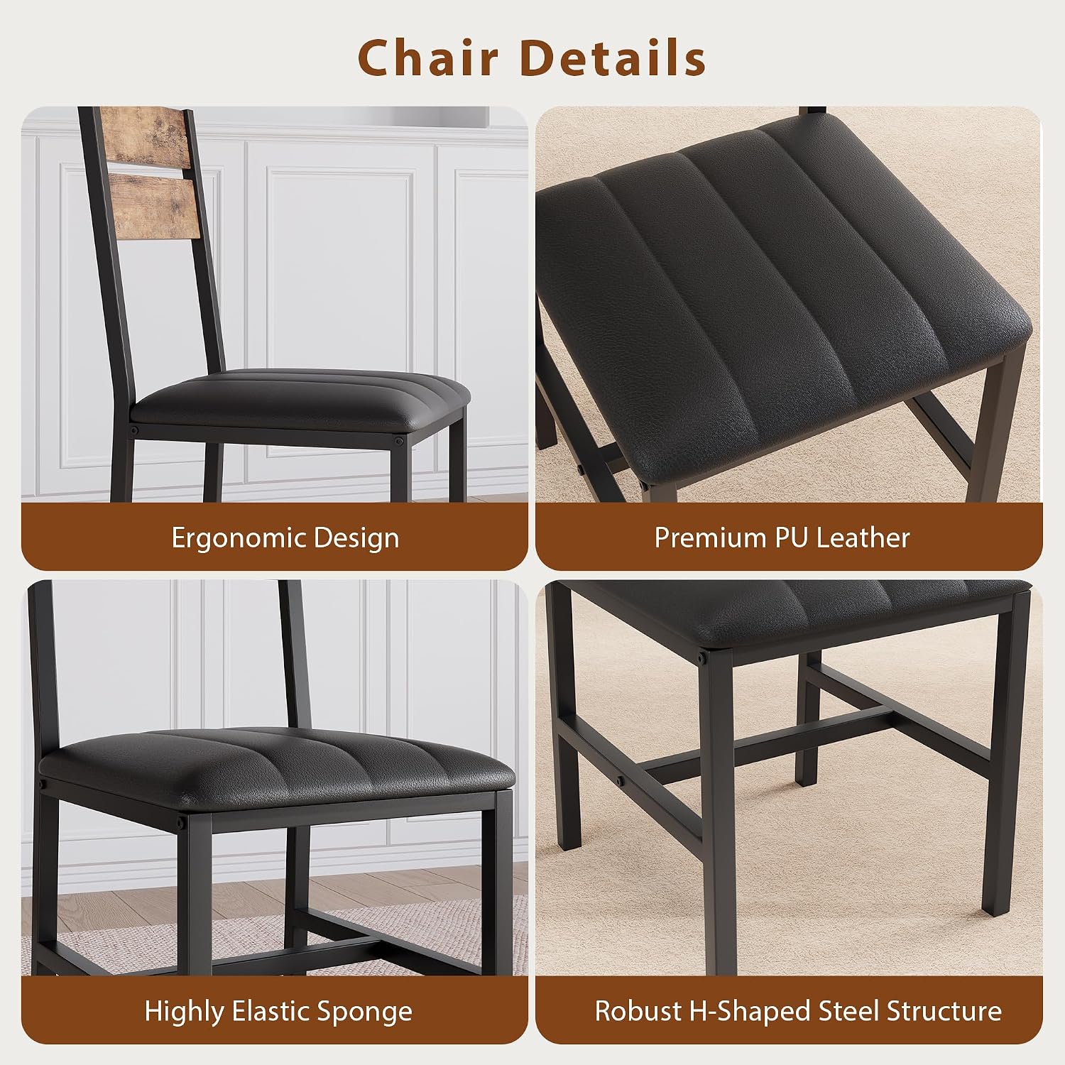 MapleGrace Dining Table Set for 4, Extendable Kitchen Table with 4 PU Leather Upholstered Dining Room Chairs, Wood Kitchen Table Set with Built-in Storage Rack for Dining & Small Spaces, Rustic Brown