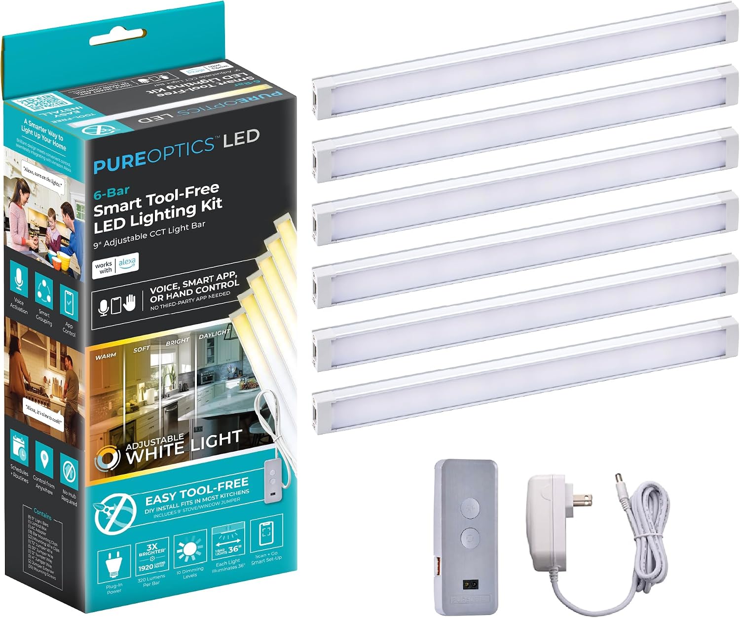 PureOptics LED Works with Alexa Smart Under Cabinet Lighting Kit, Adjustable LEDs, (6) 9' Bars, White