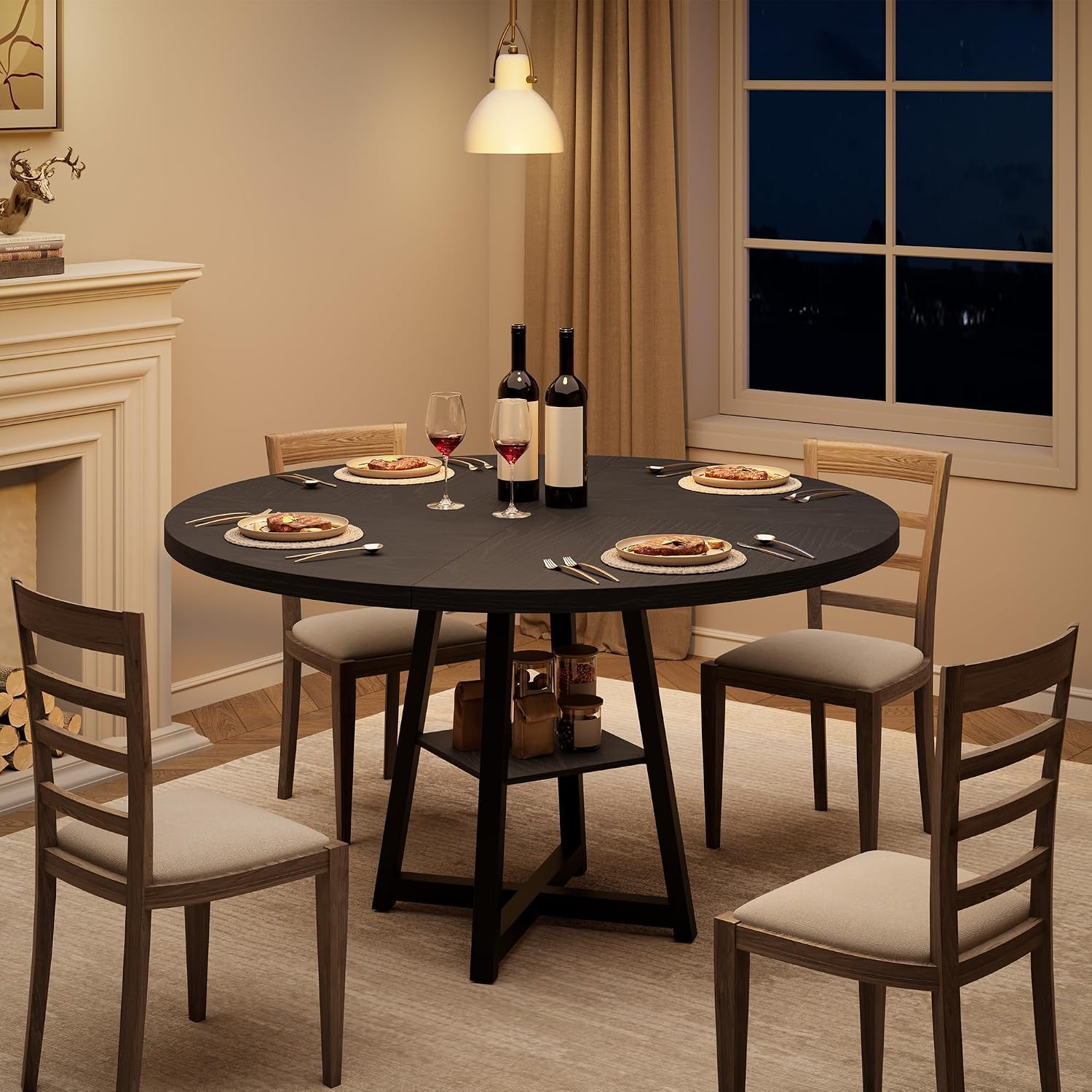 Garvee 47.2 in Round Dining Table for 4-6 People, Industrial Round Kitchen Table with Sturdy Metal Pedestal Base & Storage Shelf, Circle 4 Dinner Table for Dinner, Kitchen, Dining Room