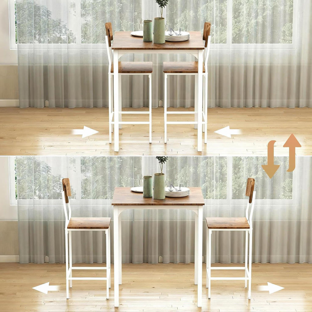 HOMCOM 3-Piece Counter Height Bar Table with Space-Saving Design, Square Kitchen Table and Chairs Set with Footrest, Metal Legs, Industrial Dining Table Set for 2, Walnut and White