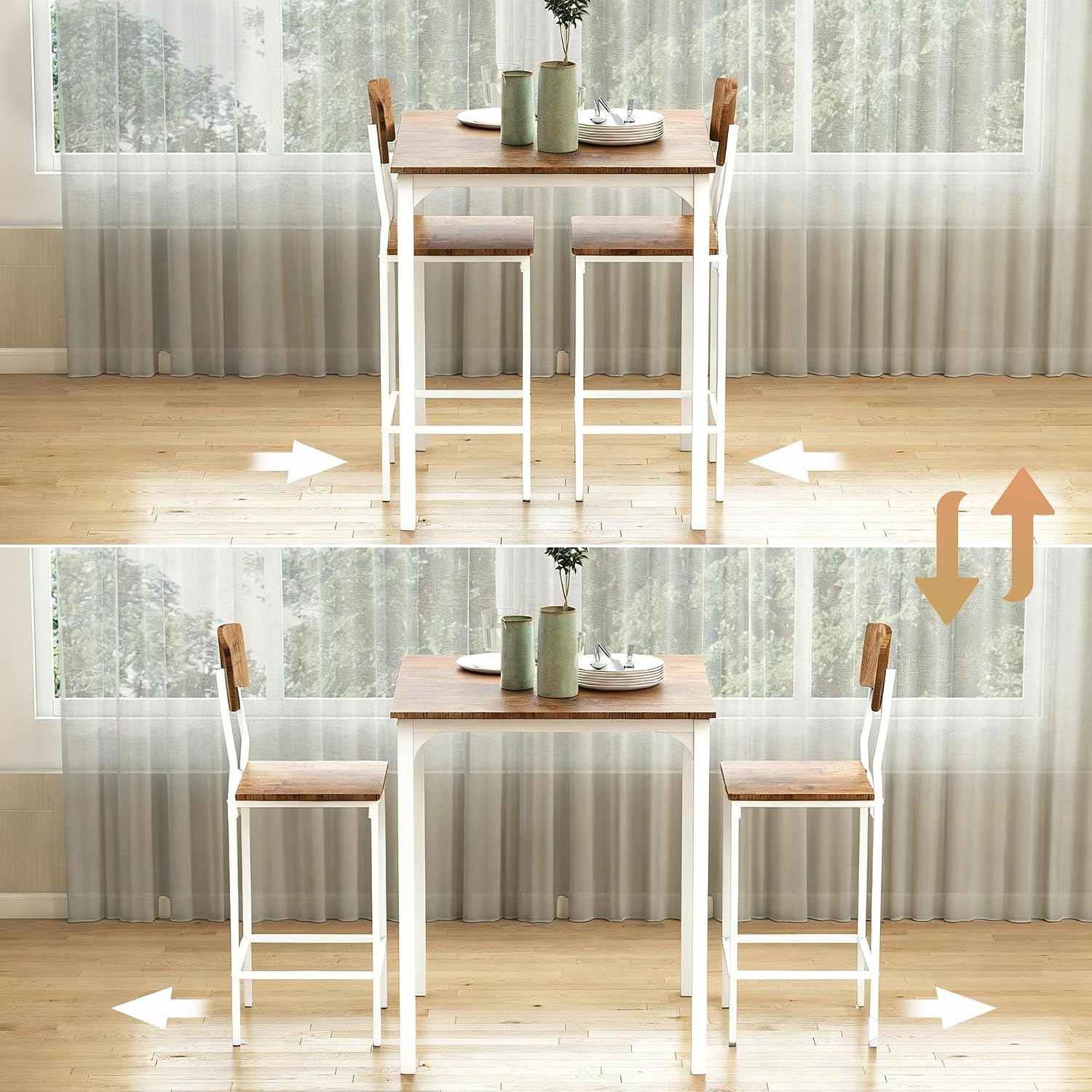 HOMCOM 3-Piece Counter Height Bar Table with Space-Saving Design, Square Kitchen Table and Chairs Set with Footrest, Metal Legs, Industrial Dining Table Set for 2, Walnut and White