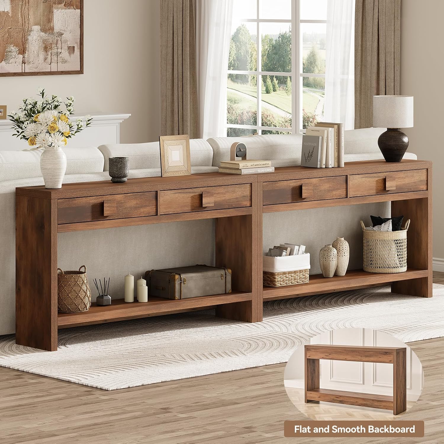 ONBRILL Console Table with Drawers, 55 Inch Narrow Entryway Table with Open Storage Shelves, Mid Century Modern Hallway Accent Tables Behind Couch Table for Living Room (Vintage Brown)