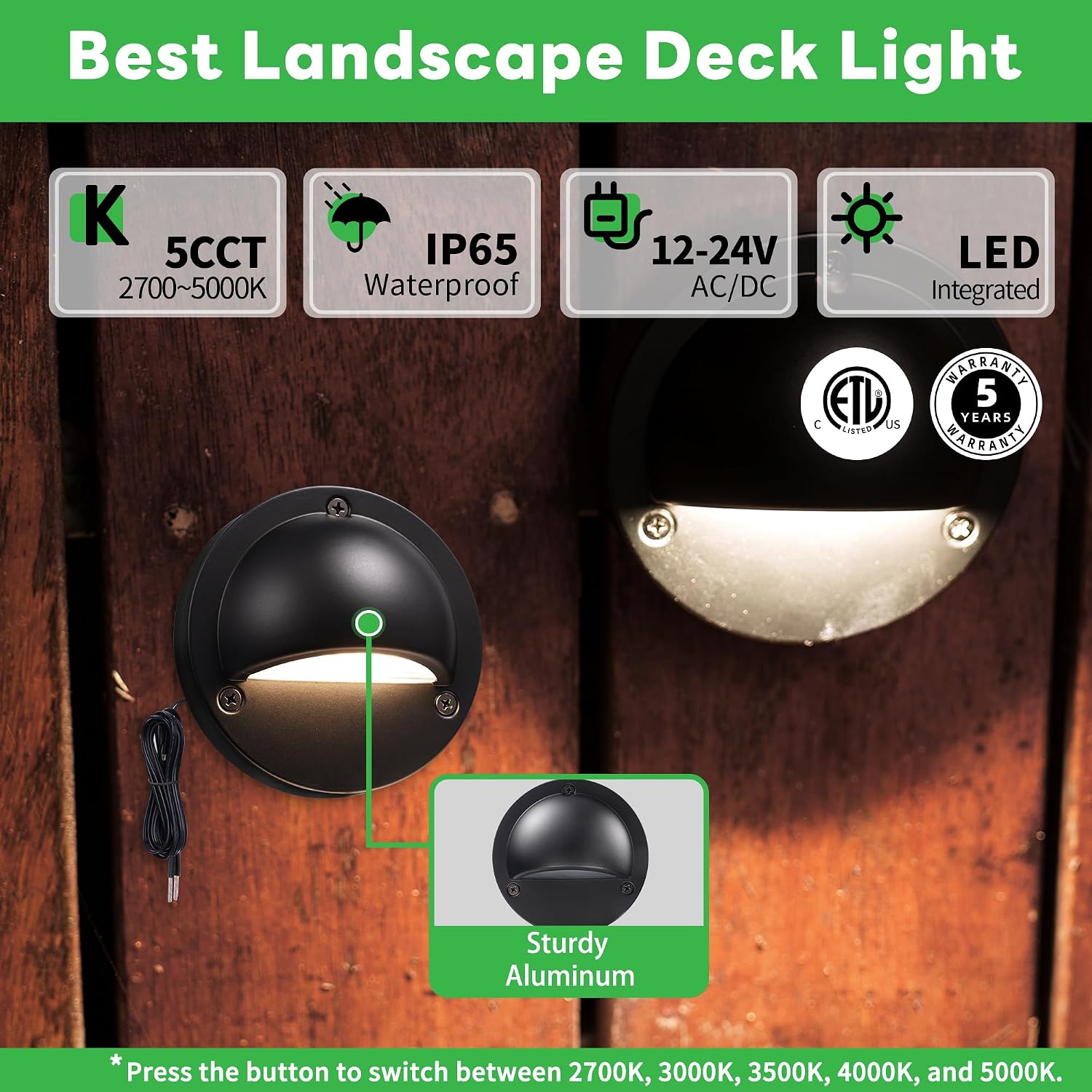 LED Deck Lights - Outdoor Landscape 12V Waterproof Lighting, Low Voltage Step Lights, Warm White & Cool White Adjustable, Wired Die-Cast Aluminum for Wall Handrail Yard 8 Pack