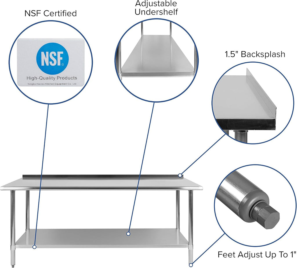 Flash Furniture Reader Stainless Steel 18 Gauge Prep and Work Table with 1.5' Backsplash and Undershelf - NSF Certified - 72'W x 30'D x 36'H