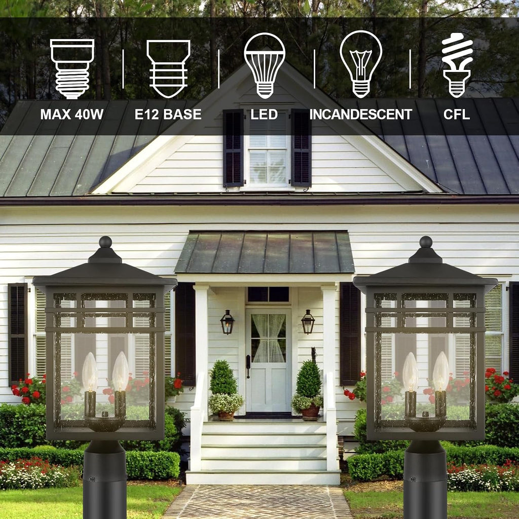 Outdoor Post Light Fixture, 2-Light Large Exterior Pillar Lantern with Black Finish & Seeded Glass, 10 Inch Square Pier Mount Lamp for Garden, Backyard, Courtyard, Patio, Deck, Pathway, Walkway