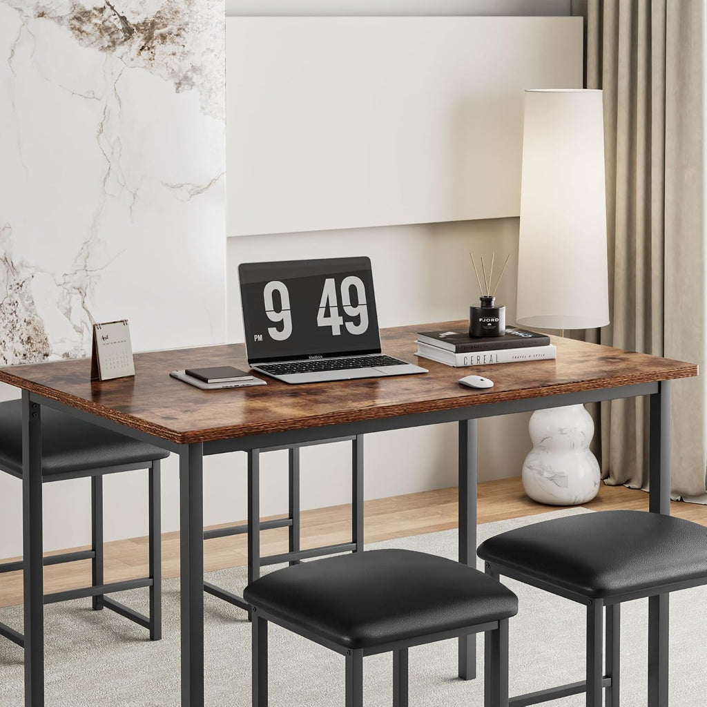 VECELO Kitchen Table and Chairs for 4, Dining Room Set with PU Chairs/Stools, Heavy-Duty Metal Frame, Wooden Tabletop, Space-Saving Design for Small Spaces, Easy Assembly, Walnut Brown