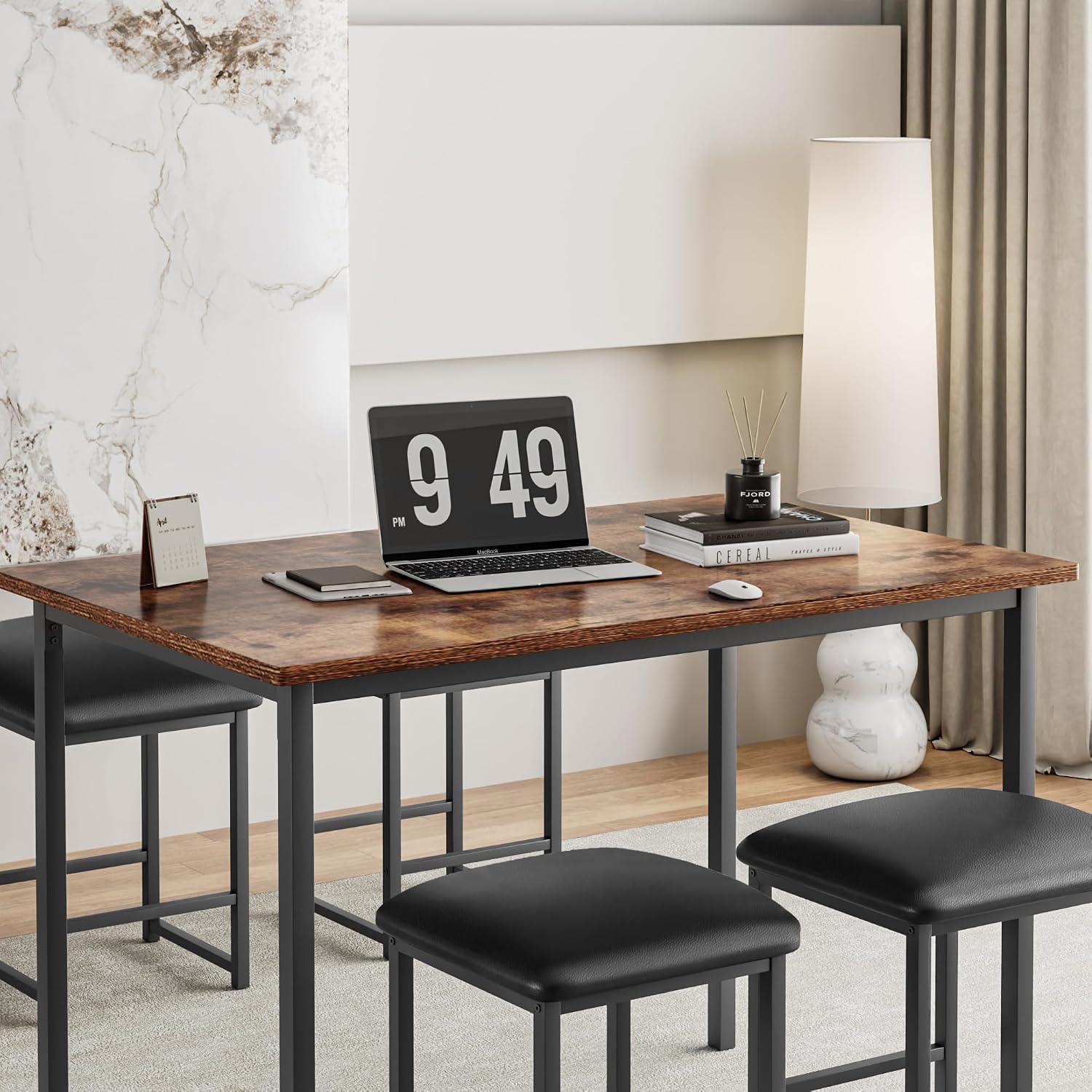 VECELO Kitchen Table and Chairs for 4, Dining Room Set with PU Chairs/Stools, Heavy-Duty Metal Frame, Wooden Tabletop, Space-Saving Design for Small Spaces, Easy Assembly, Walnut Brown