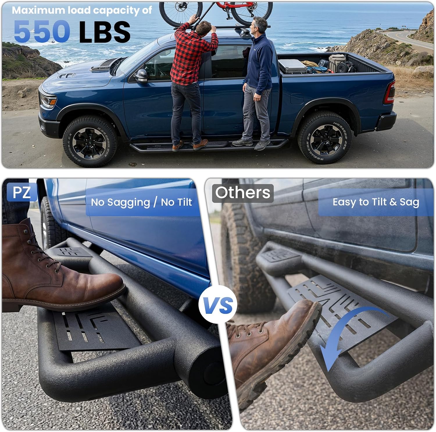 PZ 6' Rustproof Running Boards Side Steps Compatible with Chevy Silverado 1500 Double Cab 2019-2025,550 lbs Black Heavy Duty Carbon Steel Drop Down Side Step Rails Nerf Bars