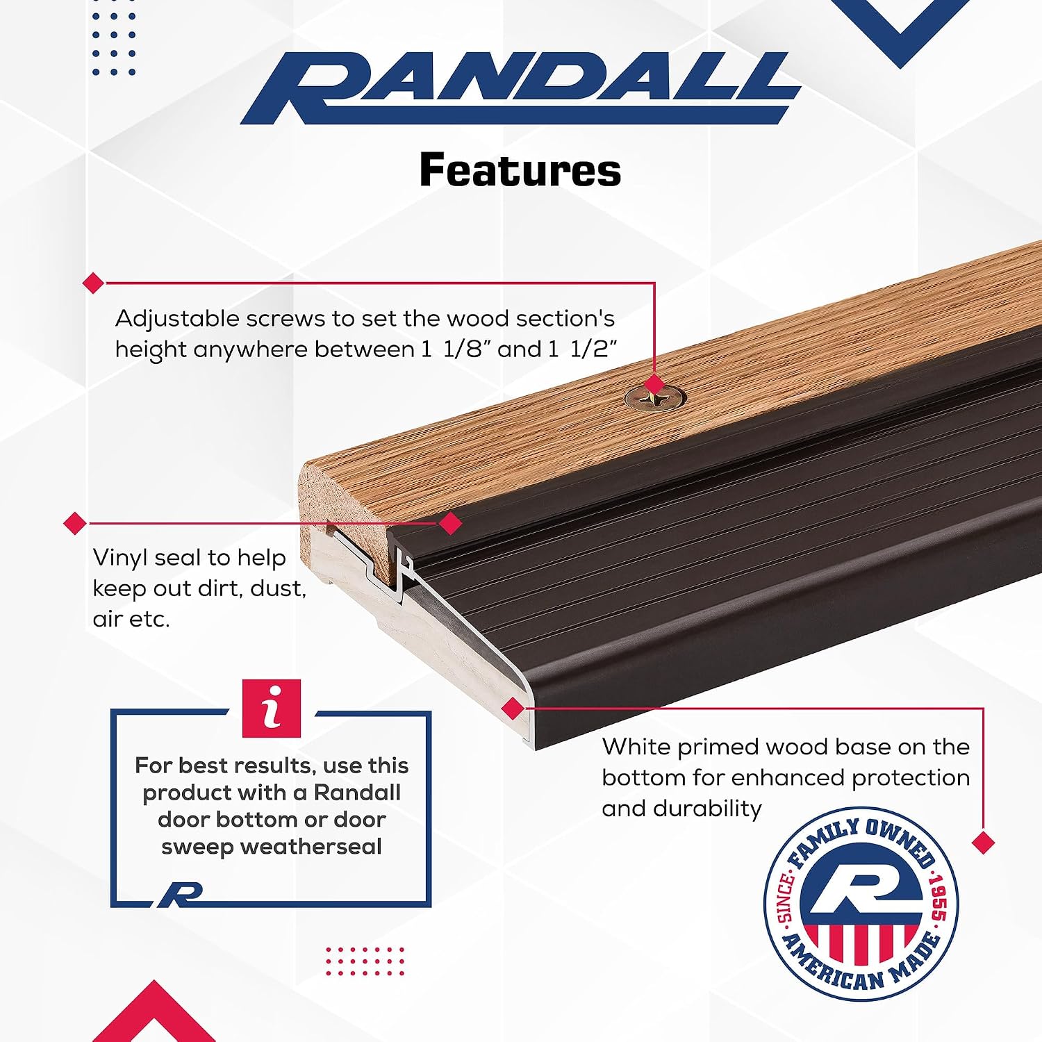 Oak & Aluminum Adjustable Threshold 3 5/8' Wide Adjustable from 1 1/8' to 1 1/2' High (72' Long Brown)