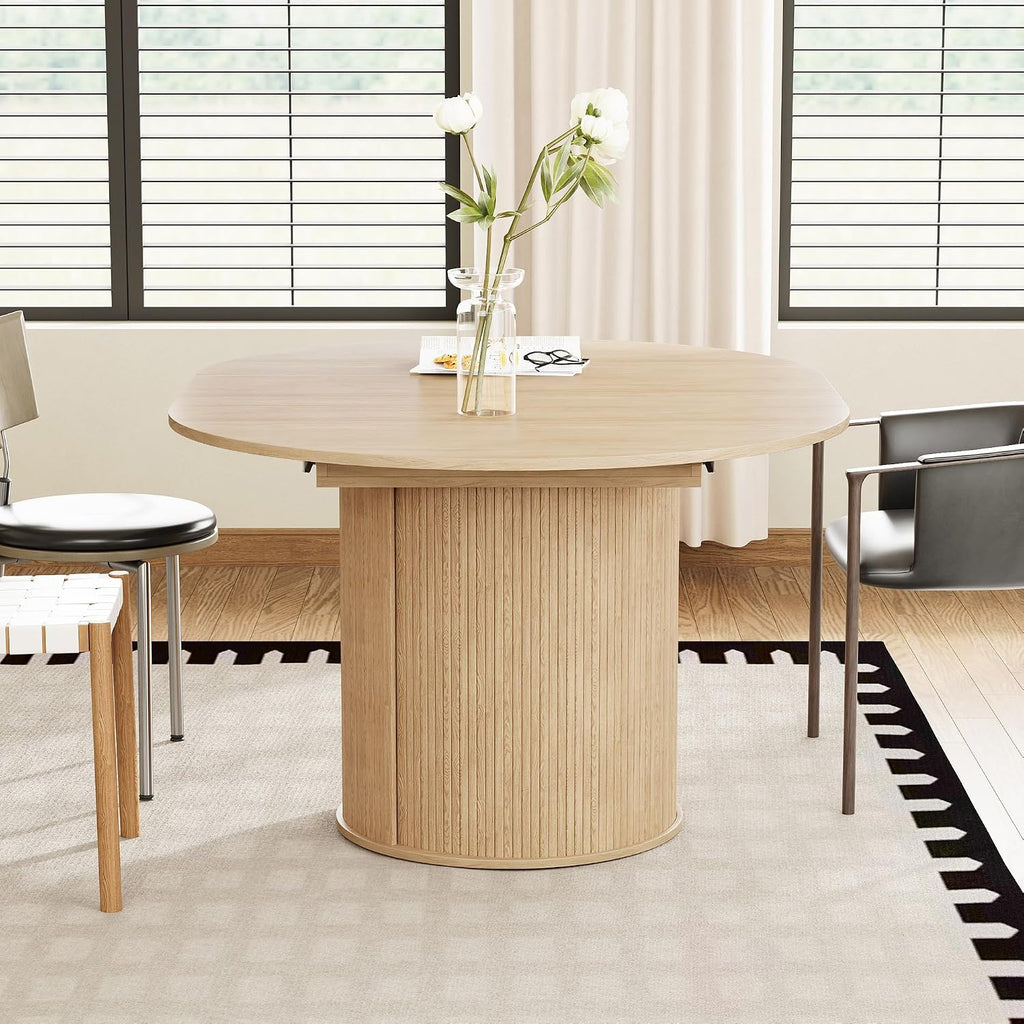 weselon 43'-59' Extendable Round to Oval Dining Table with Hidden Storage, Modern Wooden Kitchen Table with Fluted Sliding Door Cabinet, Expandable Dinner Table for Dining Room Living Room (Natural)