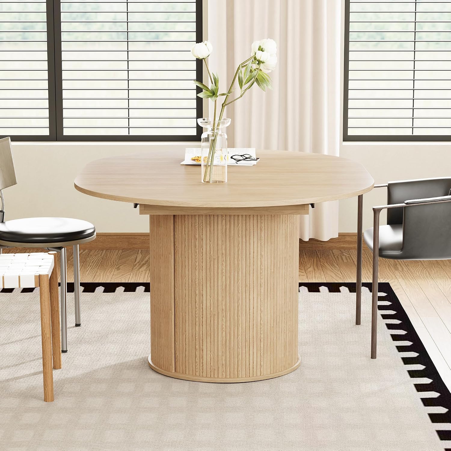 weselon 43'-59' Extendable Round to Oval Dining Table with Hidden Storage, Modern Wooden Kitchen Table with Fluted Sliding Door Cabinet, Expandable Dinner Table for Dining Room Living Room (Natural)