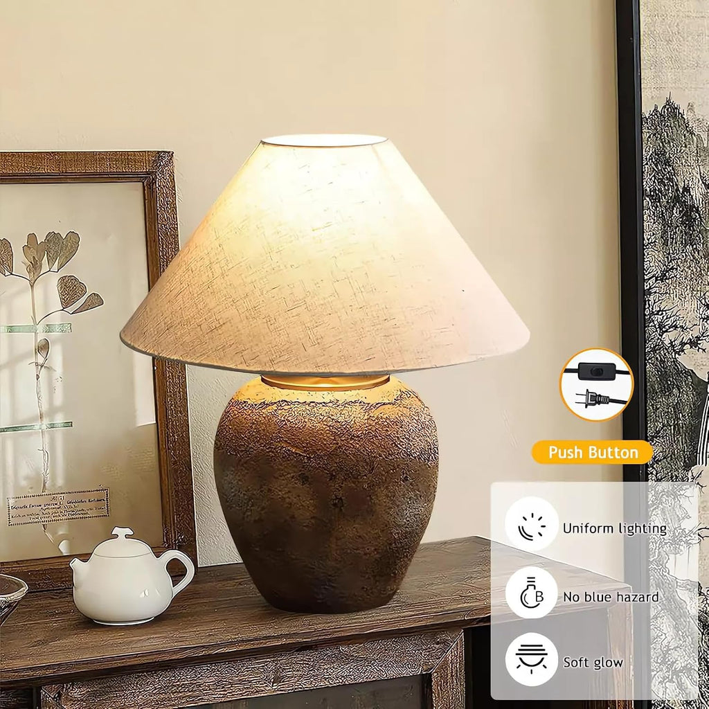 Farmhouse Clay Pot Table Lamps Brown Ceramic Lamps Rustic Fabric Drum Shade Decor Bedside Nightstand for Living Room Bedroom Home Office