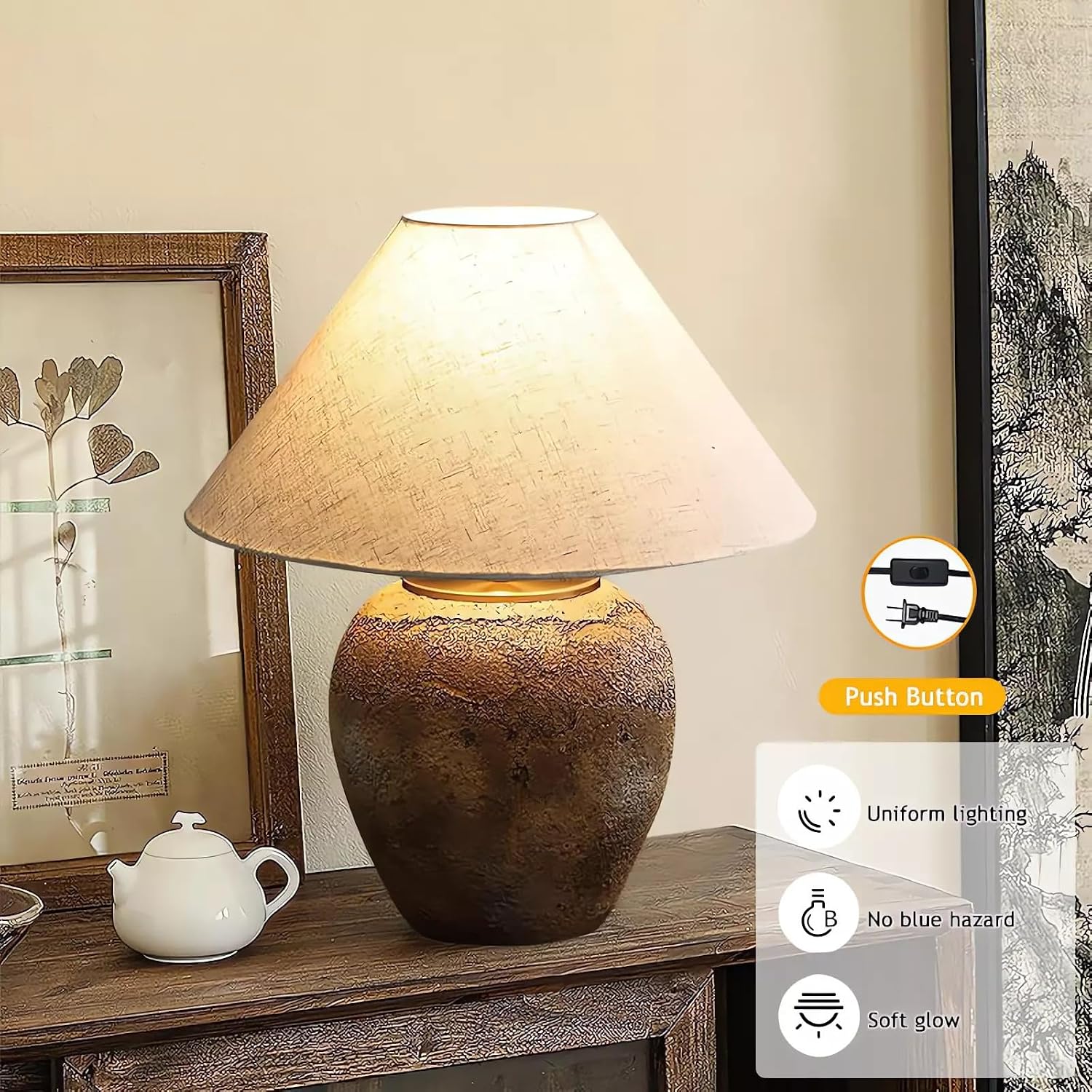 Farmhouse Clay Pot Table Lamps Brown Ceramic Lamps Rustic Fabric Drum Shade Decor Bedside Nightstand for Living Room Bedroom Home Office