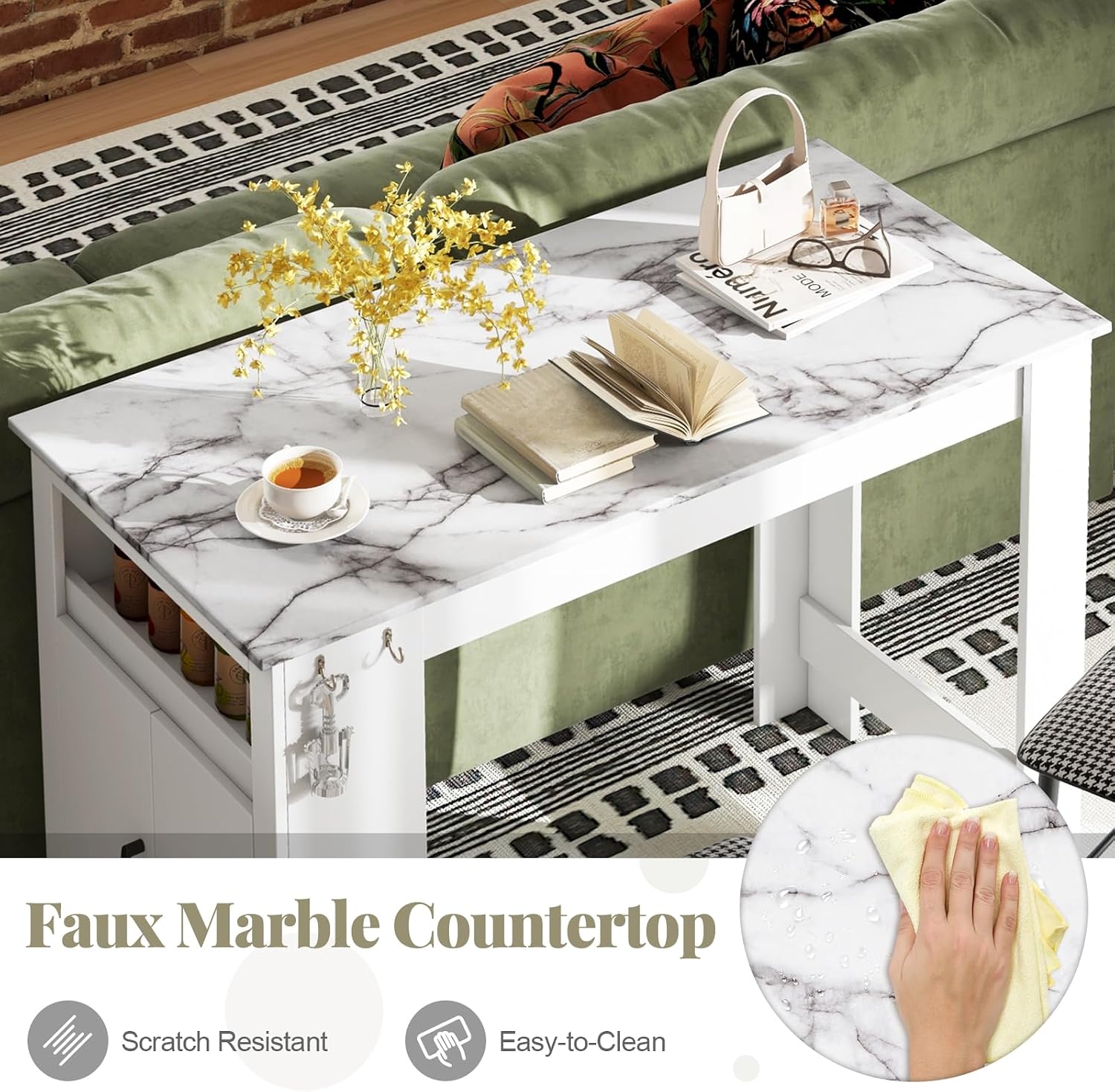 COSTWAY Bar Table, Modern Faux Marble Breakfast Table with 7 Hanging Hooks, Open Compartment, Storage Cabinet & Adjustable Shelf, Counter Height Dining Table for Kitchen, Dining Room, Living Room