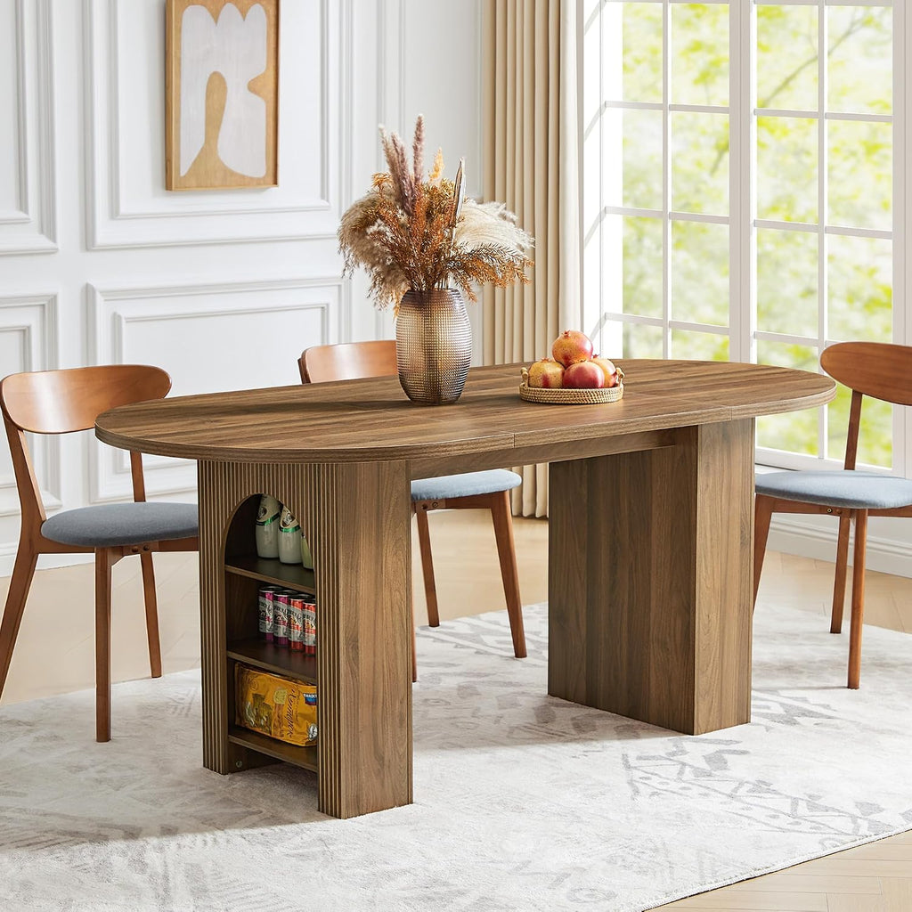 weselon 70.8' Oval Dining Table with Dual Side Storage Shelves, Rustic Farmhouse Table for 4–6 People, Modern Wooden Round Dinner Table for Kitchen, Reception, or Living Room (Walnut, Table Only)