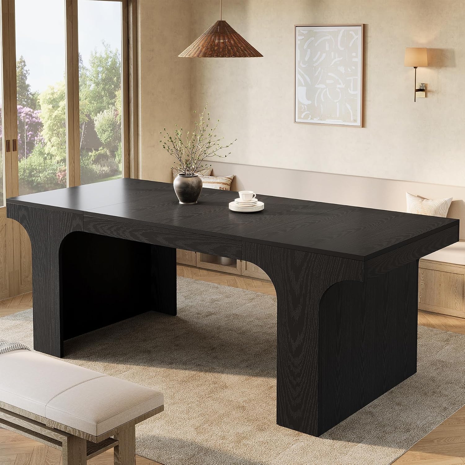 Tribesigns 71-Inch Farmhouse Dining Table for 6-8, Long Modern Wooden Kitchen Table with Arched Design, Large Rectangular Dining Furniture with Double Pedestal for Dinner Room, Black
