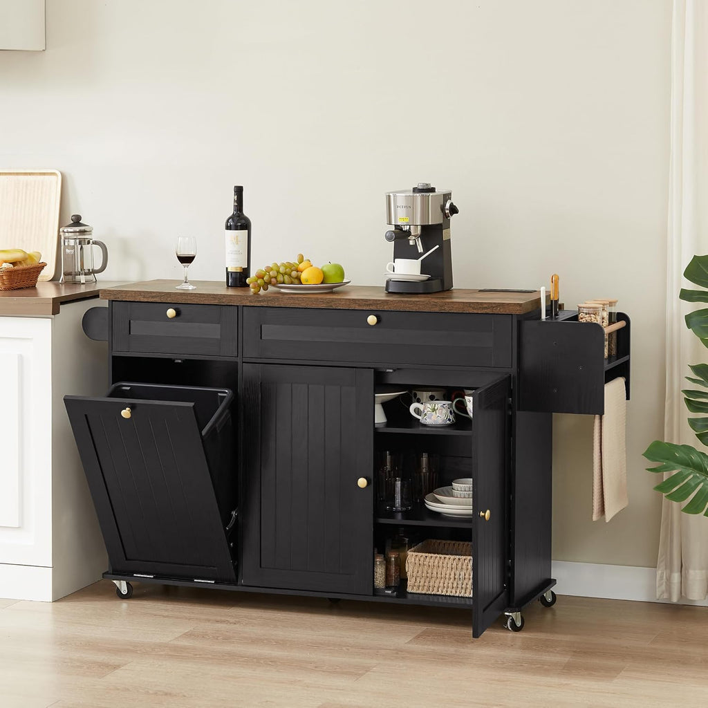 60' Kitchen Island with Power Outlet & Drop Leaf, Kitchen Rolling Island with Spice Rack & Towel Rack, Knife Holder, Kitchen Island Cart with Trash Storage Cabinet, Mobile Island Table for Kitchen