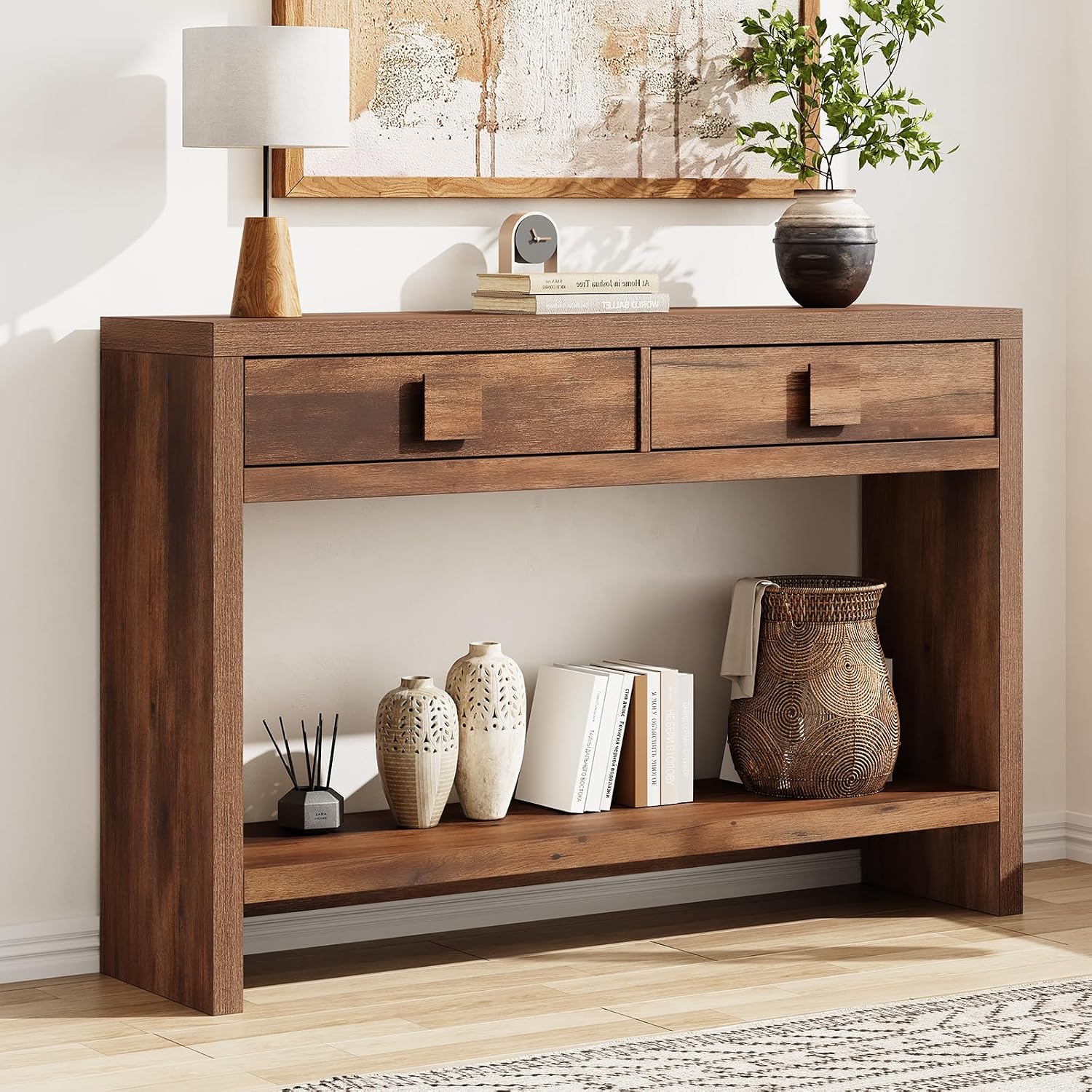 ONBRILL Console Table with Drawers, 47 Inch Narrow Entryway Table with Open Storage Shelves, Mid Century Modern Hallway Accent Tables Behind Couch Table for Living Room (Vintage Brown)