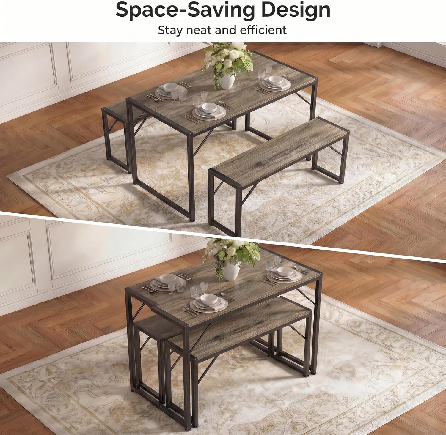 Bealife Dining Table Set for 4 with Metal Frame and MDF Board, Space Saving Kitchen Table with 2 Benches, Kitchen Table Set for Apartment, Dining Room, Breakfast Nook, Grey