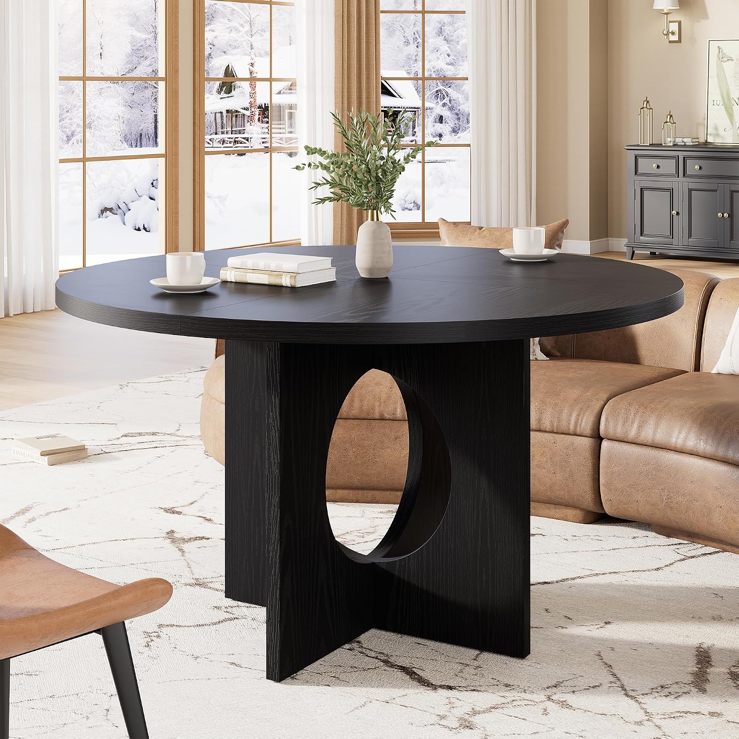 Garvee 47' Round Dining Table for 4-6 People - Circle Kitchen Dinner Table with Sturdy Pedestal Base, Space Saving Dinning Room Furniture for Living Room, Kitchen, Apartment, Black