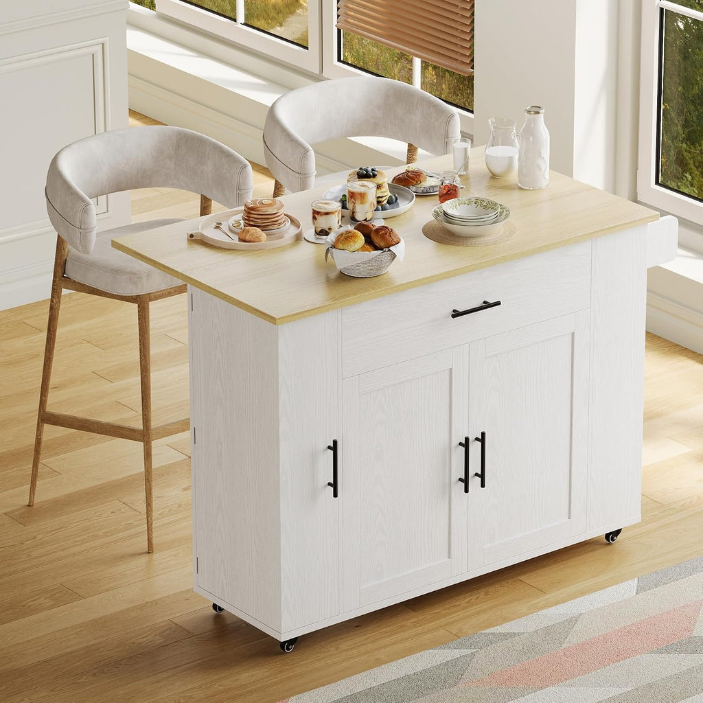 IRONCK Kitchen Island with Storage, 47.2in Rolling Island on Wheels, Kitchen Cart with Drop Leaf, Drawer and Towel Rack for Home, Dining Room