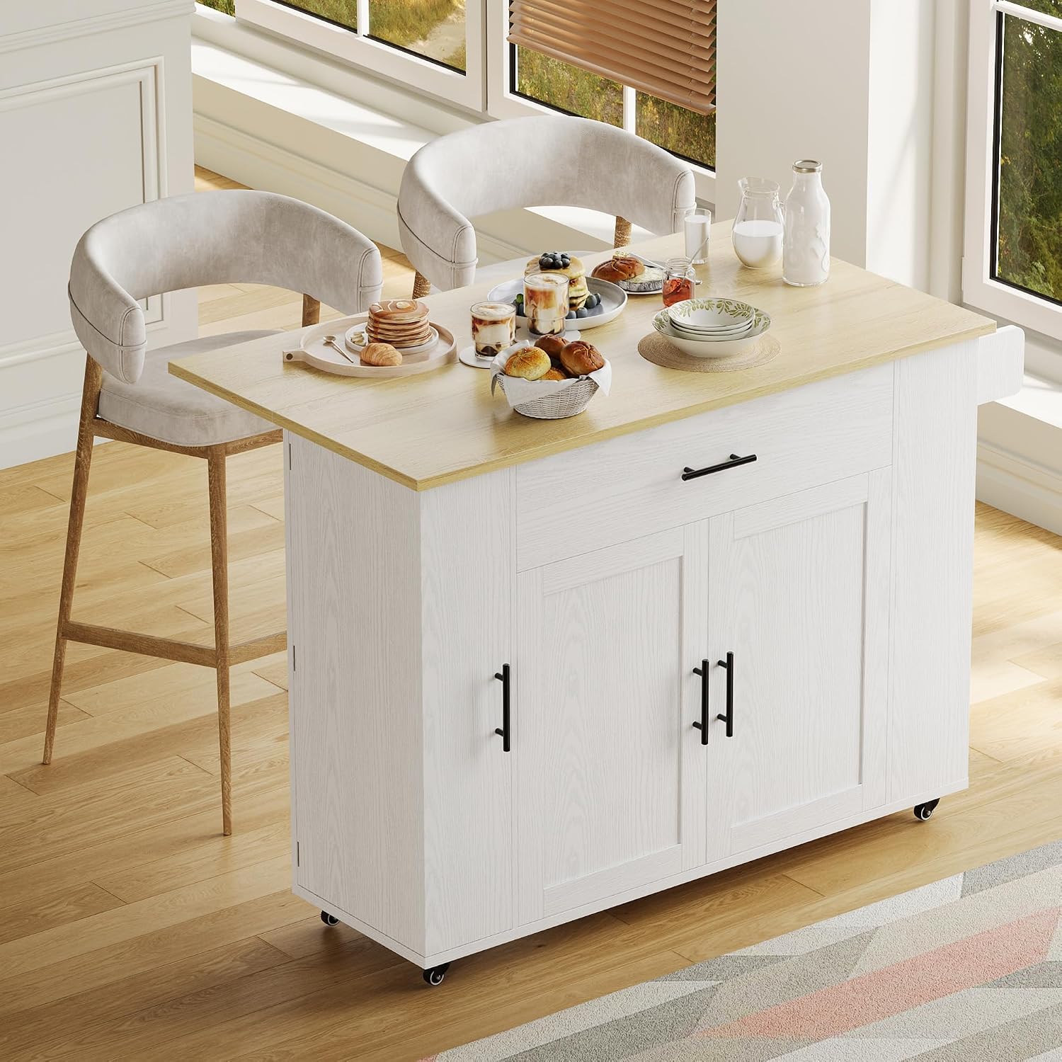 IRONCK Kitchen Island with Storage, 47.2in Rolling Island on Wheels, Kitchen Cart with Drop Leaf, Drawer and Towel Rack for Home, Dining Room