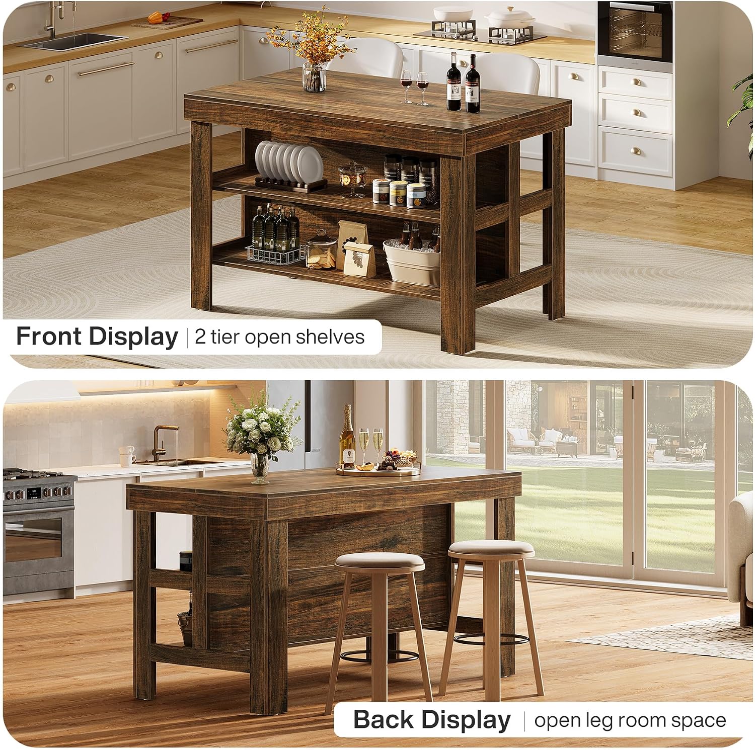 Tribesigns Kitchen Island with Seating and Storage Shelves, 55.1-Inch Breakfast Counter Farmhouse Island Table for Kitchen Dining Room (Deep Brown)