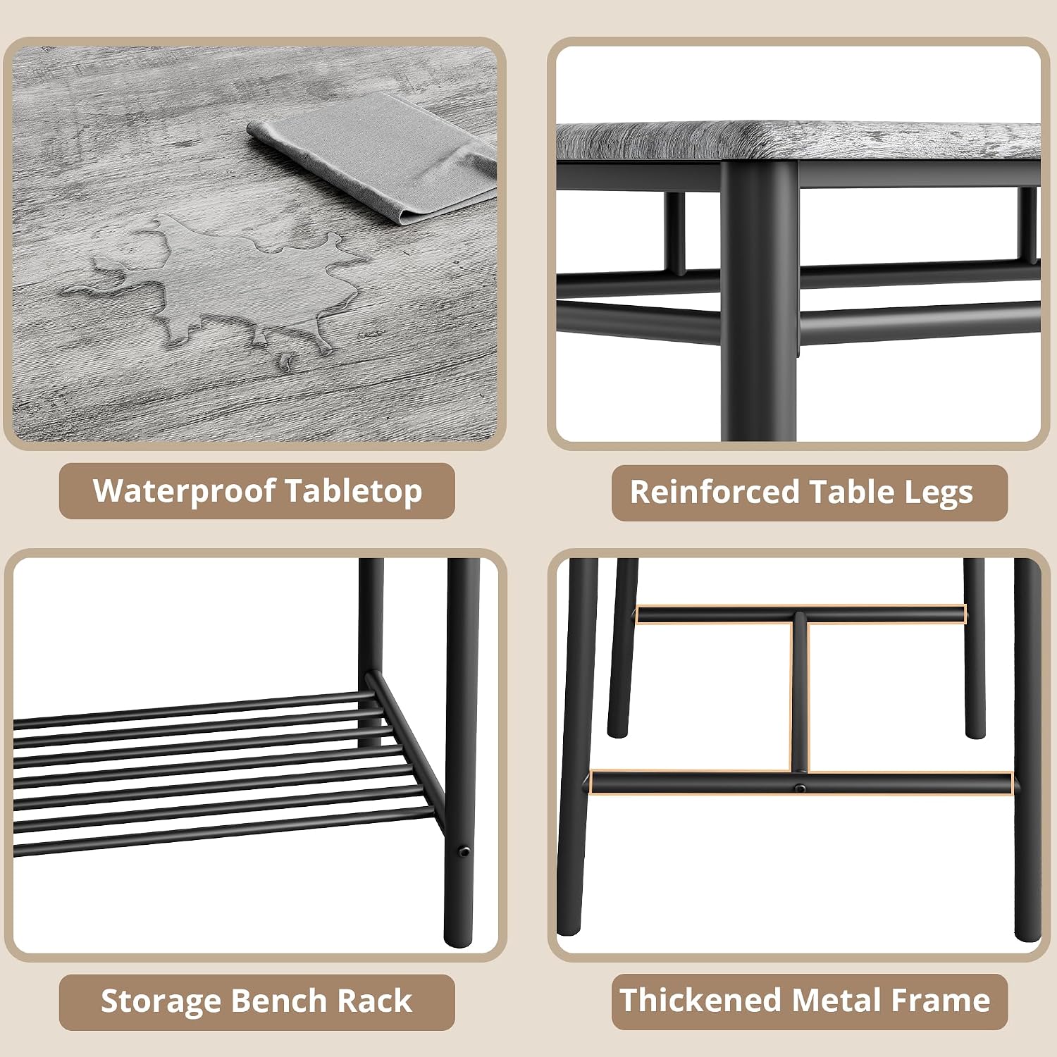 IRONCK Dining Table Set for 4, Kitchen Table with Upholstered Bench and 2 Chairs, Kitchen Table and Chairs Set for Small Space, Apartment, Gray