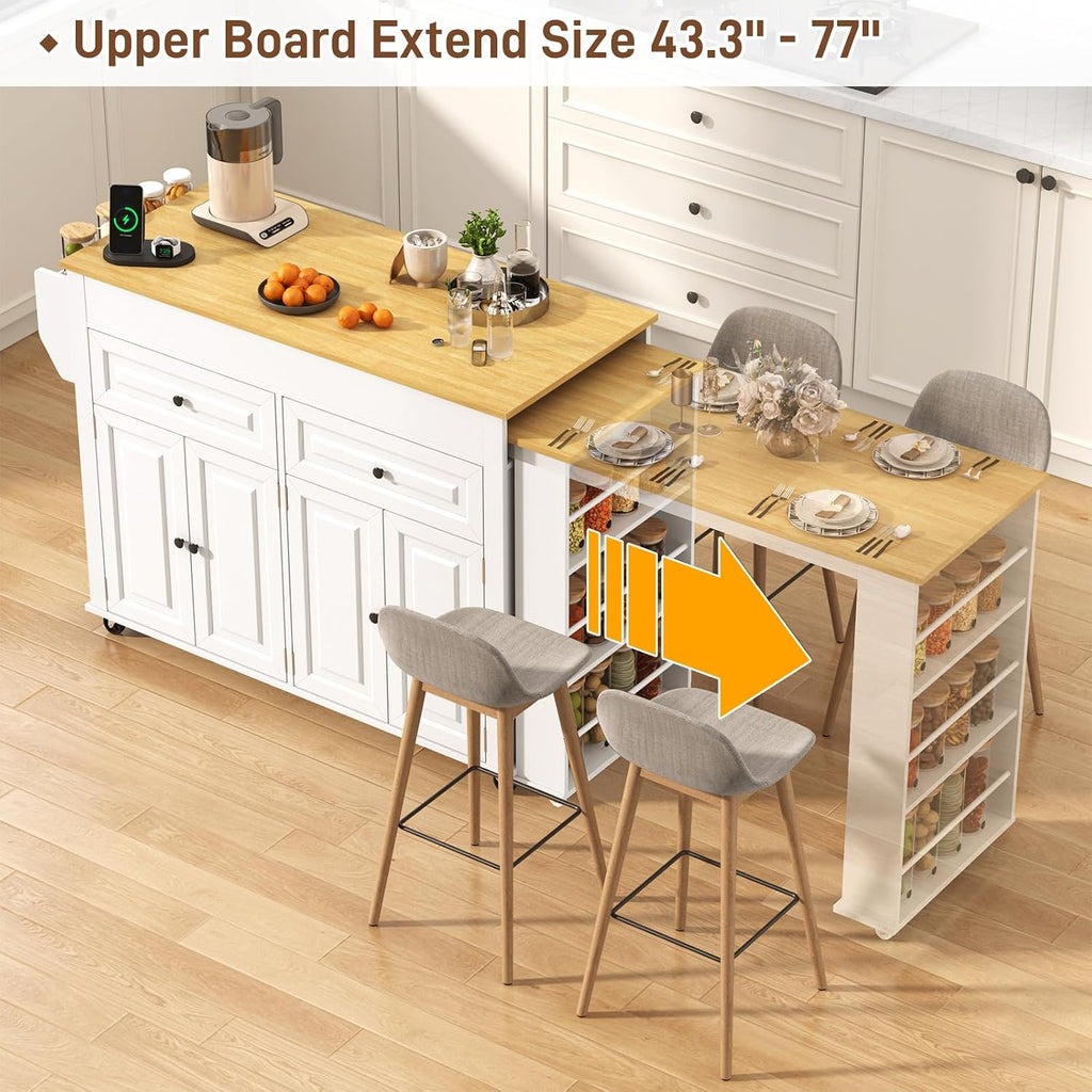80'-48' Extendable Kitchen Island with Extended Dining Table and Power Outlet,Large Mobile Kitchen Storage Islands with 2 Storage Drawers,Rolling Islands Cart with 3 Extra Rows Open Shelves(White)