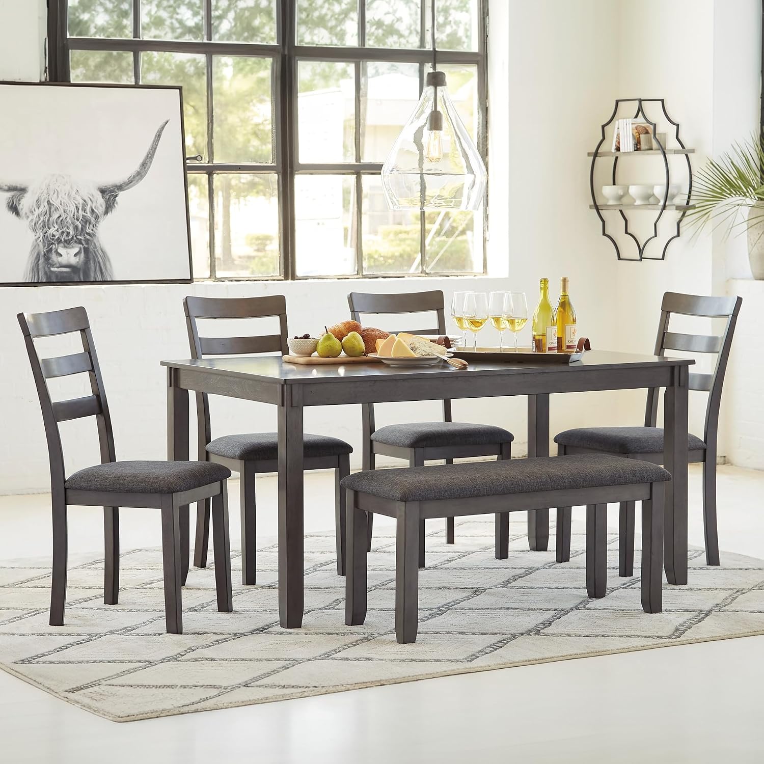 Signature Design by Ashley Bridson Dining Table Set For 6 With Bench, Wood 6‑Piece Kitchen Table And Chairs With Upholstered Seats, Transitional Charcoal Gray Dining Room Collection For Family Meals