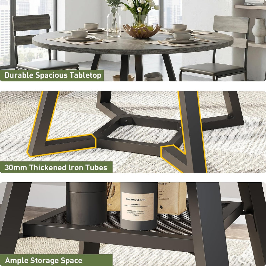 knoworld Round Dining Table for 4-6 with Storage Shelf, Kitchen & Dining Room Circle Pedestal Table,Heavy Duty Metal Frame & Wood Top