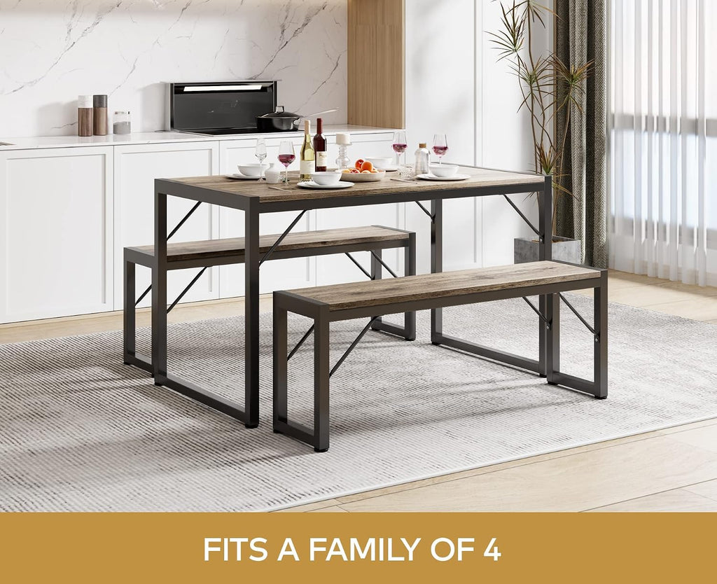 Gizoon 45.5' Dining Table Set for 4 with 2 Benches, Kitchen Table Set with Metal Frame & MDF Board, Space-Saving Dinette for Kitchen, Dining Room -Grey