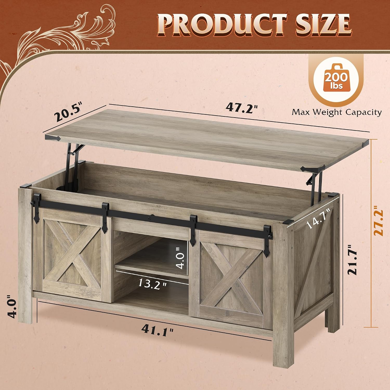 WLIVE 47.2' Farmhouse Lift Top Coffee Table with Sliding Barn Doors, Large Hidden Storage Compartment and Adjustable Shelf for Living Room,Office, Greige