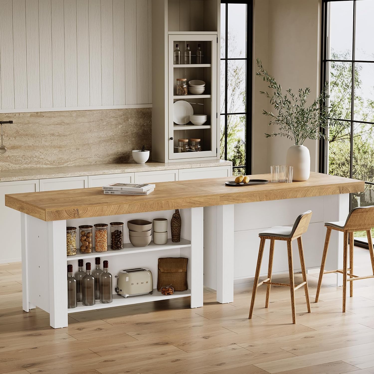 LITTLE TREE 55 Inches Kitchen Island with Storage, 3-Tier Farmhouse Stationary Island Table with Large Worktop & Leg Room, Modern Coffee Bar Table with Storage Shelf for Kitchen, Oak & White
