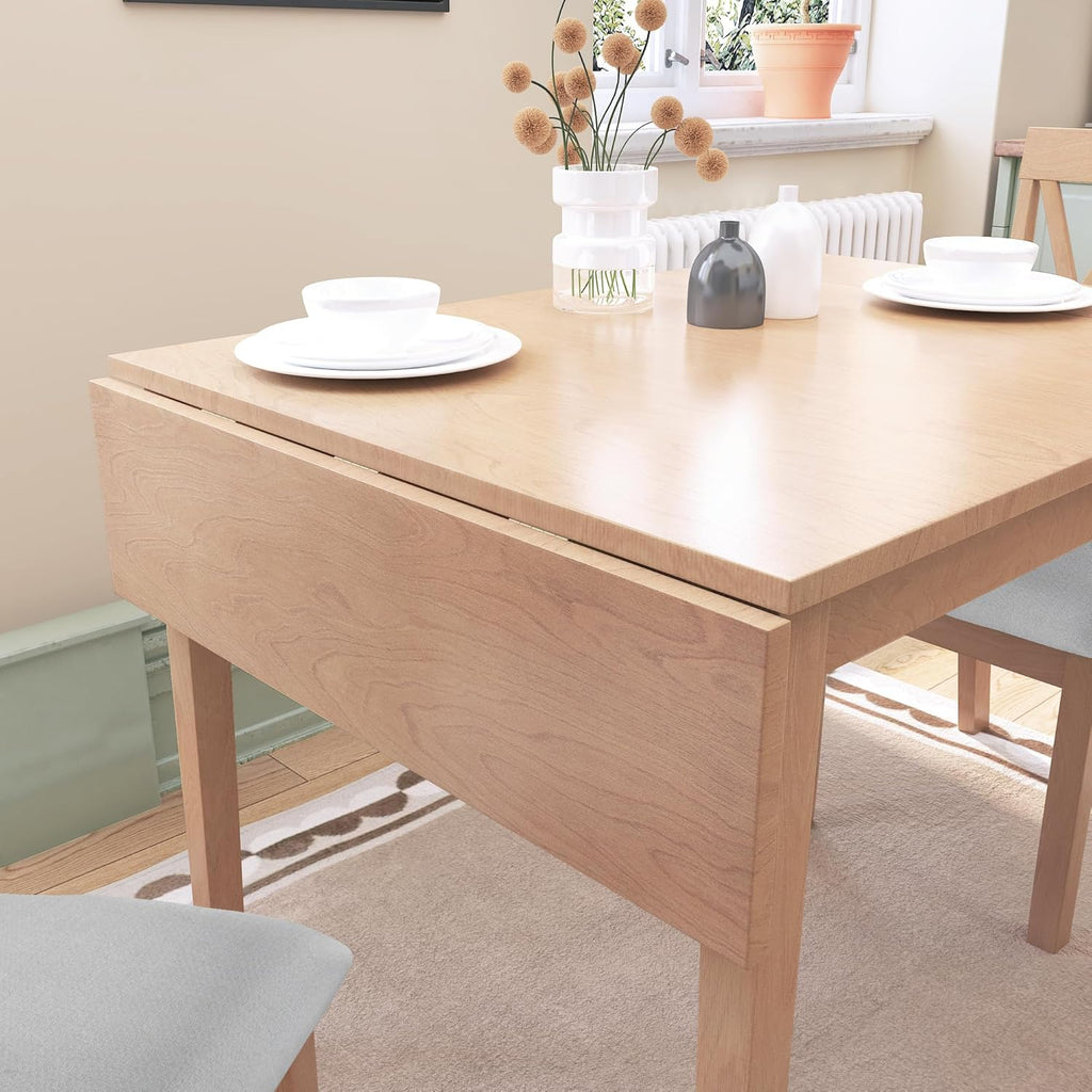 Merax Farmhouse Wood 3-Piece Multifunctional Dining Set, 45.6 inch Extendable Table with Drop Leaf, 2 Upholstered Chairs for Kitchen, Small Space, Natural
