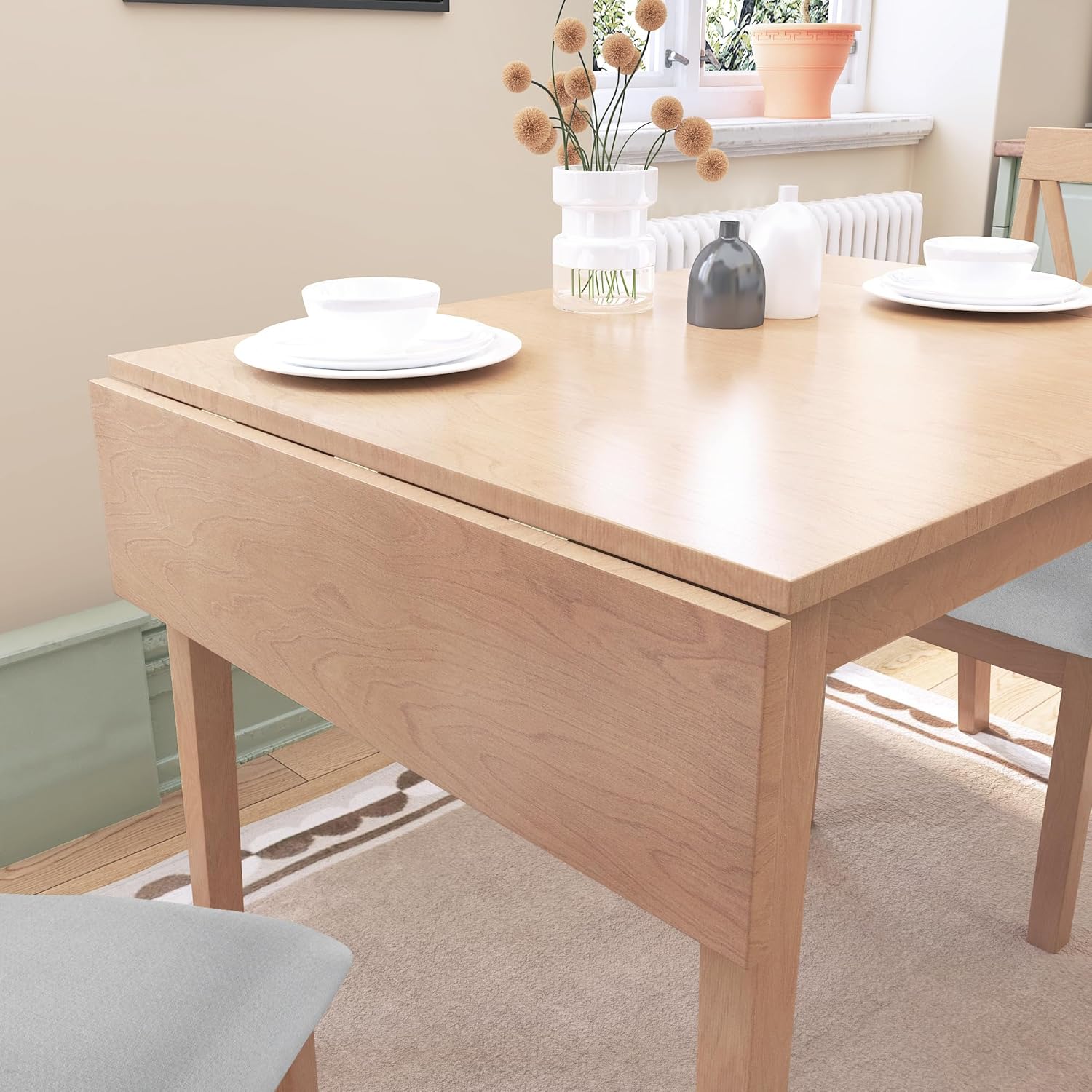 Merax Farmhouse Wood 3-Piece Multifunctional Dining Set, 45.6 inch Extendable Table with Drop Leaf, 2 Upholstered Chairs for Kitchen, Small Space, Natural