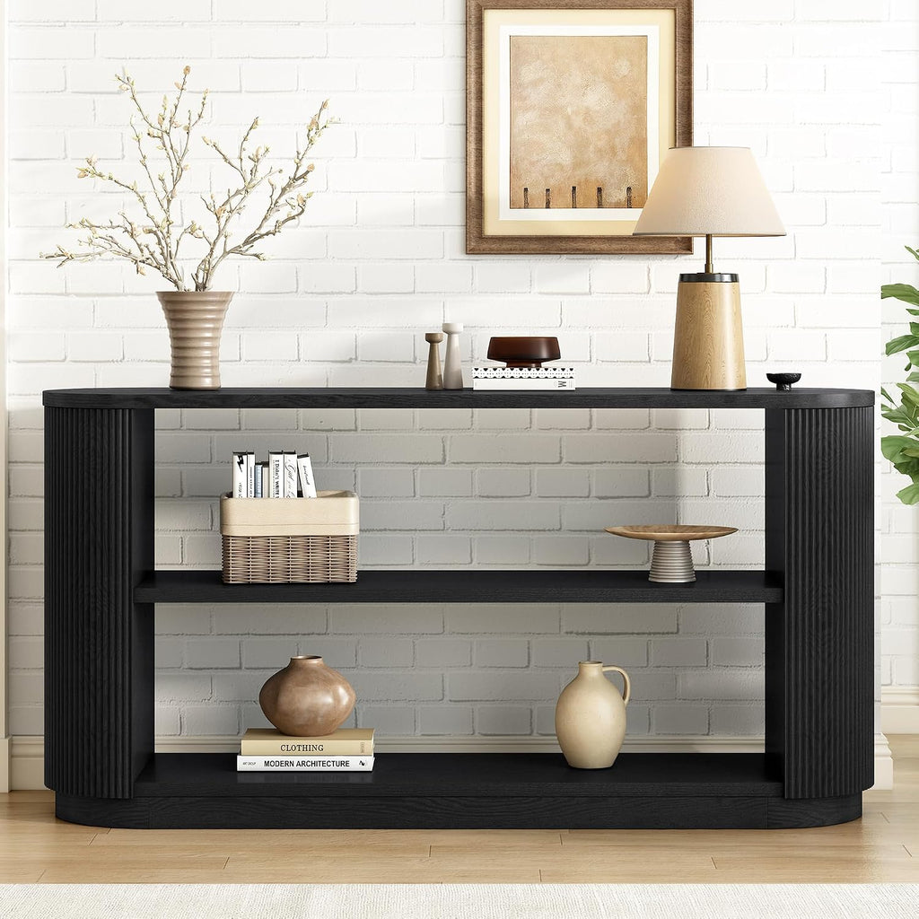 Modern Curved Console Table 59-Inch Oval Fluted Entry Sofa Table with Open Storage Shelves for Living Room Entryway Hallway Furniture, Black